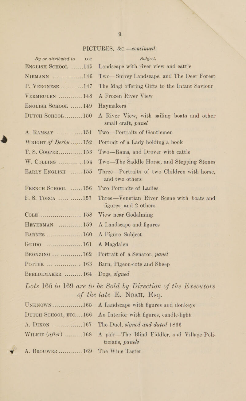 ENGLISH SCHOOL ...... 145 INGEBEMININ, cre se sss eee 146 P.-ViRONESE! 050... 147 VERMHULEN .....52.0.. 148 ENGLISH SCHOOL ...... 149 DUTCH SCHOOL, 0.0.2. 150 PE NOAMIGAN cic cs conan 151 Wrieaut of Derby ......152 IAS COOPER: 2... 0... 153 WW WOE TING: 22.6 5k 8 154 EARLY ENGLISH ...... 155 FRENCH SCHOOL ...... 156 Oe NOR@A- luk occcm 157 OOM cas co Cae 158 PREY ERMAN — ocaydee dese 1a) OARS. 20. onceescbckeeet 160 CURD Ott Sates. 161 IDRONZINO no inkitocc 162 POU OG am ocek oohcee es) BEELDEMAKER ......... 164 9 continued.  Landscape with river view and cattle Two—Surrey Landscape, and The Deer Forest The Magi offering Gifts to the Infant Saviour A Frozen River View Haymakers_ A River View, with sailing boats and other small craft, panel Two—Portraits of Gentlemen Portrait of a Lady holding a book Two—Rams, and Drover with cattle Two—The Saddle Horse, and Stepping Stones Three—Portraits of two Children with horse, and two others Two Portraits of Ladies Three—Venetian River Scene with boats and figures, and 2 others View near Godalming A Landscape and figures A Figure Subject A Magdalen Portrait of a Senator, panel Barn, Pigeon-cote and Sheep Dogs, signed UNICNOW Ne Lin. eee. 165 DutTcH SCHOOL, ETC....166 IRUDEON chchiseucececsaes 167 WiLRin (a /ler) 25.03... 168 A. BROUWER cece 169 A Landscape with figures and donkeys An Interior with figures, candle-light The Duel, segned and dated 1866 A pair—The Blind Fiddler, and Village Poli- ticians, panels