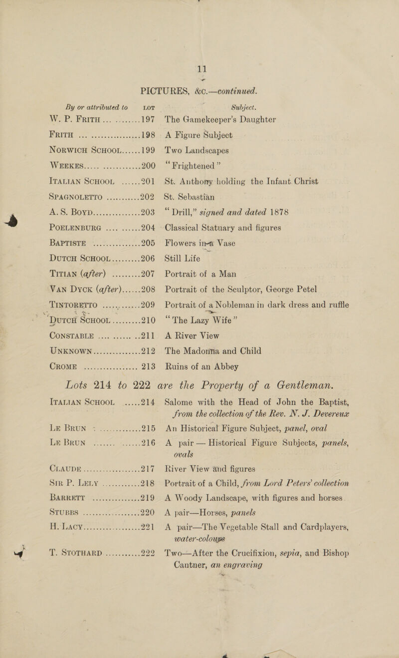 r By or attributed to LOT Weevil MREPER cvs <5 2c, 197 LOU a ee a 198 NORWICH SCHOOL...... 199 1 a1 OE Se a 200 PTALIAN SCHOOL: ...:... 201 SPAGNOLETTO: 2.....25. 202 Ae Oe ONAN occec ki. 203 PORLHNBURG ...6 << x: 204 bg d co la 205 DutTcH SCHOOL......... 206 Tripane @jter)- = ......; 207 Van Dyck (after)...... 208 TINTORETTO «.... ae e 209 ‘Durer SCHOOL Seraes 210 CONSTABLE -2..6. 600060 0 211 UNENOWN ...J..0.0...... 212 WROME Meaec.5 oct: 213 Subject. The Gamekeeper’s Daughter A Figure Subject Two Landscapes Frightened ” St. Anthony holding the Infant. Christ St. Sebastian “ Drill,” signed and dated 1878 Flowers Ine Vase Still Life Portrait of a Man Portrait of the Sculptor, George Petel — Portrait of a Nobleman in dark dress and ruffle “The bac Wife” A River View The Madonna and Child Ruins of an Abbey ITALIAN SCHOOL. ,.,.:. 214 ED BRUNG Ses... 5 2-4 215 ME BRUN Sree Ses 216 Crawpl co Hee ONG Sie bien. eee 218 Bamewer: 6 22.06-i0cas, 219 WP es ee ieee 220 PROM ee at ook iL? STOPMAR D2... hen 229 Salome with the Head of John the Baptist, Srom the collection of the Rev. N. J. Devereux An Historical Figure Subject, panel, oval A pair — Historical Figure Subjects, panels, ovals Hat River View and figures Portrait of a Child, from Lord Peters’ collection A Woody Landscape, with figures and horses. A pair—Horses, panels A pair—The Vegetable Stall and Cardplayers, water-coloups Two—After the Crucifixion, sepza, and Bishop Cantner, an engraving iy