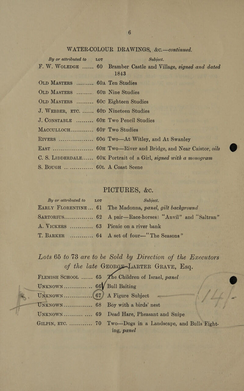 WATER-COLOUR DRAWINGS, &amp;c.—continued. By or attributed to LOT Subject. FH; W.. WOLEDGE:. ...24 60 Bramber Castle and Village, signed and dated 1843 OLD MASTERS ......... 60A Ten Studies OLD MASTERS ......... 60B Nine Studies OLD MASTERS ......... 60c Eighteen Studies GV RBBER, wETO.. geet 52 60D Nineteen Studies ae CONSTABLE .....255 60E Two Pencil Studies MAUIGUILOOH . ..cssap ang 60F Two Studies Rf Gf oa. bah een G2 60G@ Two—At Witley, and At Swanley HAST CH reer cere fan 60H Two—River and Bridge, and Near Caistor, oils C. S. LIDDERDALE...... 60K Portrait of a Girl, stgned with a monogram a ALPES eee eae 60L A Coast Scene PICTURES, &amp;c. By or attributed to LOT Subject. EARLY FLORENTINE... 61 The Madonna, panel, gilt background RP RTORIVG... -aic-cas&gt; sce 62 A pair—Race-horses: “Anvil” and “Saltran” APeeICK EES) 3 asdeavsbas 63 Picnic on a river bank 1 DAR REE Oe 64 &lt;A set of four—“ The Seasons” Lots 65 to 73 are to be Sold by Direction of the Hxecutors of the late GEOR ARTER GRAVE, Esq.   FLEMISH SCHOOL ...... 65 e Children of Israel, panel UNKNOWN............ Be 66 Bull Baiting pi TMK NOWN ....c508. sede (61) A Figure Subject BY AI NENGWN Ms csieatee 68 Boy with a birds’ nest TONENOWN .. 06265050 sees 69 Dead Hare, Pheasant and Snipe GIGBIN, ETO. Bo Ae 70 Two—Dogs in a Landscape, and Bulls Fight- ing, panel