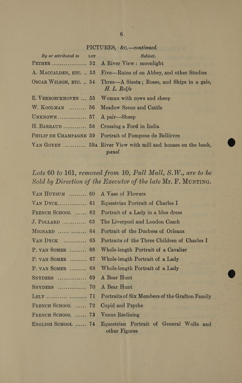 By or attributed to LOT PETHER «\ hota 52 A. MACCALDEN, ETC. .. 53 OscAR WILSON, ETC. .. 54 E. VERBOECKHOVEN ... 55 AWB OOLMAN aive-cd 56 TINRNOWN / oy chic teceees 57 PLZBARRAIID 30. ais 58 PHILIP DE CHAMPAGNE 59 VAN GOYEN Coeteesecece Subject. A River View: moonlight Five—Ruins of an Abbey, and other Studies Three—A Siesta; Roses, and Ships in a gale, H.. L. Rolfe Woman with cows and sheep Meadow Scene and Cattle A pair—Sheep Crossing a Ford in India Portrait of Pompone de Belliévre panel VAN HUYSUM ......... 60 WYN Bk) aaa a eee 61 FRENCH SCHOOL ...... 62 re AMAR cat uhya tyes 63 MIGNABD; «3 Bese h 64 MANDY ORS 0555 neu as 65 Bava POMBE Pt: 66 PAVANSOOMER.: iecvscie 67 P. VAN SOMER ......... 68 DN YDBRS Wiss... eased 69 SNYVOMRS wesc. .wieee yore 70 Ey 4) CN a RS 71 FRENCH SCHOOL ENGLISH SCHOOL A Vase of Flowers Equestrian Portrait of Charles I Portrait of a Lady in a blue dress The Liverpool and London Coach Portrait of the Duchess of Orleans Portraits of the Three Children of Charles I Whole-length Portrait of a Cavalier Whole-length Portrait of a Lady Whole-length Portrait of a Lady A Boar Hunt A Bear Hunt Portraits of Six Members of the Grafton Family Cupid and Psyche Venus Reclining Equestrian Portrait of General Wolfe and other Figures