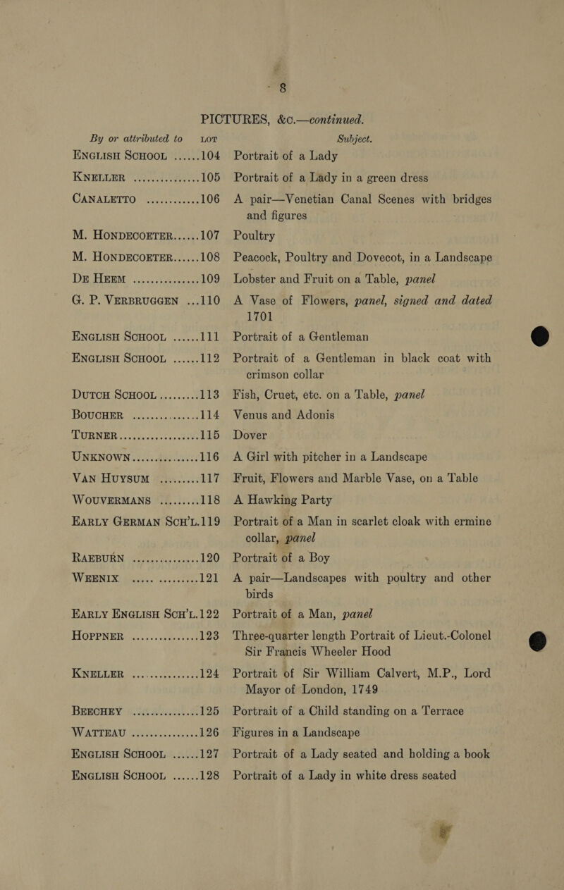 si By or attributed to Lor ENGLISH SCHOOL ...... 104 KNEDUER Ue 105 CANALETVG «sc; isceneve 106 M. HONDECORTER...... 107 M. HONDECORTER...... 108 IR GARRM. 4. <cccseaune 109 G. P. VERBRUGGEN ...110 ENGLISH SCHOOL ...... 111 ENGLISH SCHOOL ...... 112 DuTcH SCHOOL......... 113 ASHER Soc. se se ne ad 114 RMR. tavensdssa0 cdi 115 UNKNOWN ..........00008 116 VAN HUYSUM ......... 117 WOUVERMANS ......... 118 EARLY GERMAN Scw’L.119 RAEBURN WEENIX EARLY ENGLISH SCH’L. 122 TIOPPNERGC..:.. weet 1:93 RN BLU Ect nce 124 BreGHry: i. each. 8 125 WVATURAU RU. ccea 126 ENGLISH SCHOOL ...... 127 ENGLISH SCHOOL ...... 128 Subject. Portrait of a Lady Portrait of a Lady in a green dress A pair—Venetian Canal Scenes with bridges and figures Poultry Peacock, Poultry and Dovecot, in a Landscape Lobster and Fruit on a Table, panel A Vase of Flowers, panel, signed and dated 1701 Portrait of a Gentleman Portrait of a Gentleman in black coat with crimson collar Fish, Cruet, etc. on a Table, panel Venus and Adonis Dover A Girl with pitcher in a Landscape Fruit, Flowers and Marble Vase, on a Table A Hawking Party Portrait of a Man in scarlet cloak with ermine collar, panel Portrait of a Boy A pair—Landscapes with poultry and other birds Portrait of a Man, panel Three-quarter length Portrait of Lieut.-Colonel Sir Francis Wheeler Hood Portrait of Sir William Calvert, M.P., Lord Mayor of London, 1749 Portrait of a Child standing on a Terrace Figures in a Landscape Portrait of a Lady seated and holding a book Portrait of a Lady in white dress seated