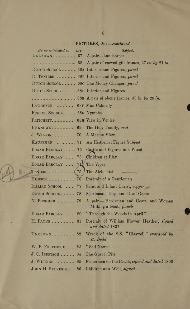 By or attributed to UNENOWN? Asics. seces eeeeee sees eeeeeeeeeeeeeeeeees PRITCHETE. 2205s cise WINK NOW Nios ccs cc ee J: WILSON oc Ses EDGAR BARCLAY ...... EDGAR BARCLAY ...... DuTCH SCHOOL ......... NN. BERGHEM .2..5i.+.0:- EDGAR BARCLAY ...... ie A YN cake ort AFRERNOWN i: ioc W. B. FoRTESCUE.....: Ji-Gy IBRETSON* Aue d.-WILKINS +4225) JOHN H. SYLVESTER... 6 PICTURKS, &amp;c.—continued. LOT Subject. 67 A pair—-Landscapes 68 A pair of carved gilt frames, 27 in. by 21 in. 68A Interior and Figures, panel 68B Interior and Figures, panel 68c The Money Changer, panel 68D Interior and Figures 688 A pair of ebony frames, 36 2n. by 28 zn. 68F Miss Calmady 68qG Nymphs 68H View in Venice 69 The Holy Family, oval 70 &lt;A Marine View 71 An Historical Figure Subject. 72 Cattle and Figures in a Wood is ee at Play 74° The Viper 76 Portrait of a Gentleman 77 Saint and Infant Christ, copper 78 Sportsman, Dogs and Dead Game 79 &lt;A pair— Herdsman and Goats, and Woman Milking a Goat, panels 80 “Through the Woods in April ” 81 Portrait of William Flower Heather, signed and dated 1837 82 Wreck of the S.S. “Glaswell,” engraved by R. Dodd 83 “Sad News” 84 The Gravel Pits 85 Fishermen on the Beach, s¢gned and dated 1800 86 Children ata Well, stgned 