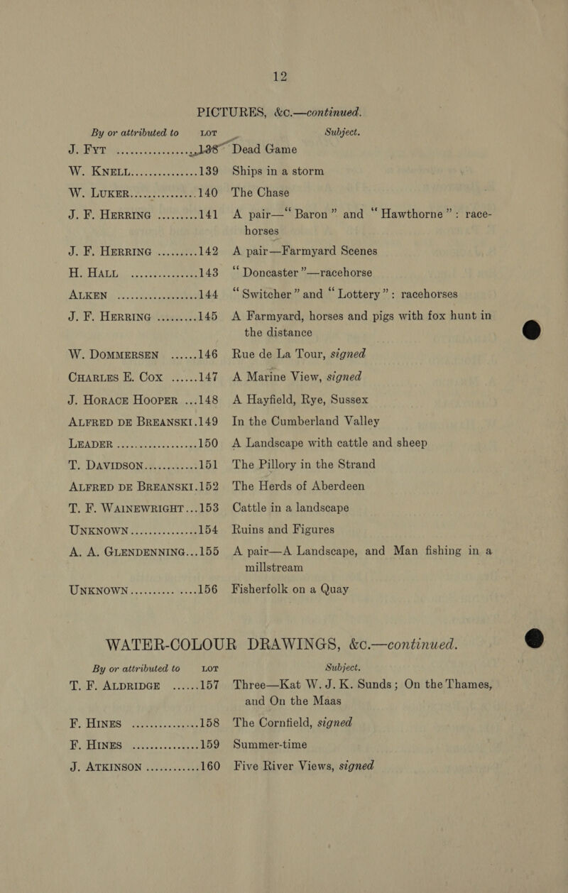 J. Fyt : MAIS NELLA ea enon 139 WSU KER ct ceoncemee 140 J. F. HERRING ......... 141 J. KF.’ HERRING ......... 142 19 BRU 6 FA a epee BR 2 143 AUDIO EN (6 3. / cape eit 144 J. F. HERRING ......... 145 W. DOMMERSEN ...... 146 CHARLES E. Cox ...... 147 J. Horace Hooper ...148 ALFRED DE BREANSKI.149 LuUMATIER tee at css kak 150 is DAVIDSON SE fons 151 ALFRED DE BREANSKI.152 T. F. WAINEWRIGHT...153 WRI OWN 2. ibe esc enee 154 A. A. GLENDENNING...155 ISNENOW.N (sccobeas ee 156 Ships in a storm The Chase . 73 A pair—*“ Baron” and “ Hawthorne”: race- horses | A pair—Farmyard Scenes ‘ ‘* Doncaster ”—racehorse 79 * 79 : Switcher” and Lottery”: racehorses A Farmyard, horses and pigs with fox hunt in the distance Rue de La Tour, signed A Marine View, signed A Hayfield, Rye, Sussex In the Cumberland Valley A Landscape with cattle and sheep The Pillory in the Strand The Herds of Aberdeen Cattle in a landscape Ruins and Figures A pair—A Landscape, and Man fishing in a millstream Fisherfolk on a Quay By or attributed to LOT TSP OA DRIDGE \\.hiau 157 Tf: SEIN WS eee os ee 158 TS ay 1: acer ee 159 SO OPSURINGSON bi sueiasiace 160 Subject. Three—Kat W.J.K. Sunds; On the Thames, and On the Maas The Cornfield, segned Summer-time Five River Views, s¢gned