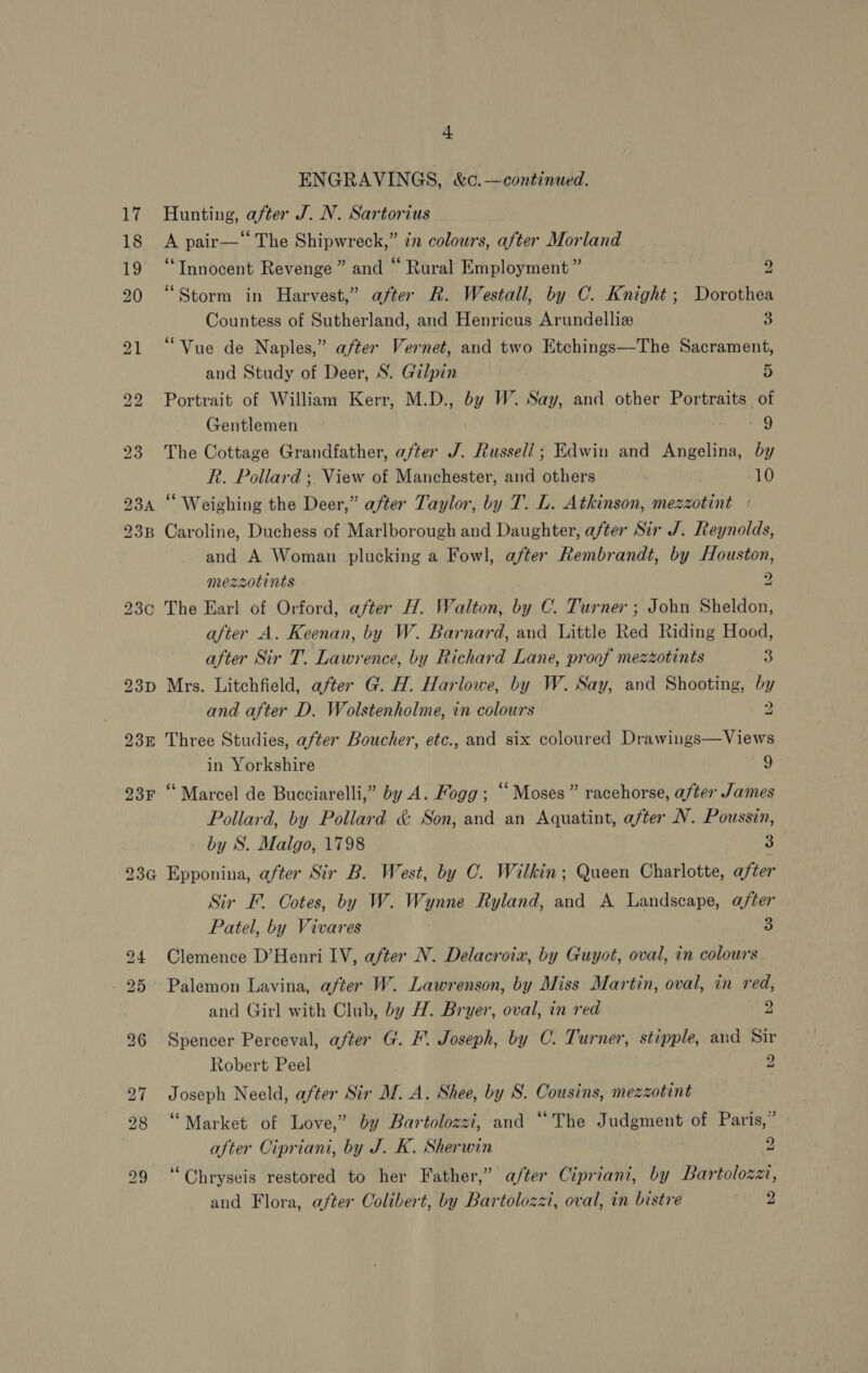 23C ENGRAVINGS, &amp;c.—continued. Hunting, after J. N. Sartorius A pair—‘ The Shipwreck,” én colours, after Morland “Innocent Revenge ” and “ Rural Employment ” 2 “Storm in Harvest,” after Rk. Westall, by C. Knight; Dorothea Countess of Sutherland, and Henricus Arundelliz o “Vue de Naples,” after Vernet, and two Etchings—The Sacrament, and Study of Deer, S. Gilpin 5 Portrait of William Kerr, M.D., by W. Say, and other Portraits of Gentlemen 9 The Cottage Grandfather, after J. Russell; Edwin and Angelina, by R. Pollard ; View of Manchester, and others ; 10 “Weighing the Deer,” after Taylor, by T. L. Atkinson, mezzotint : Caroline, Duchess of Marlborough and Daughter, after Sir J. Reynolds, and A Woman plucking a Fowl, after Rembrandt, by Houston, mezzotints 2 The Earl of Orford, after H. Walton, by C. Turner ; John Sheldon, after A. Keenan, by W. Barnard, and Little Red Riding Hood, after Sir T. Lawrence, by Richard Lane, proof mezzotints 3 Mrs. Litchfield, after G. H. Harlowe, by W. Say, and Shooting, by and after D. Wolstenholme, in colours 2 Three Studies, after Boucher, etc., and six coloured Drawings—Views in Yorkshire 90 “Marcel de Bucciarelli,” by A. Fogg; “Moses” racehorse, after James Pollard, by Pollard &amp; Son, and an Aquatint, after NV. Poussin, by S. Malgo, 1798 3 Epponina, after Sir B. West, by C. Wilkin; Queen Charlotte, after Sir F. Cotes, by W. Wynne Ryland, and A Landscape, after Patel, by Vivares 3 Clemence D’Henri IV, after N. Delacroix, by Guyot, oval, in colours Palemon Lavina, after W. Lawrenson, by Miss Martin, oval, in red, and Girl with Club, by H. Bryer, oval, in red 2 Spencer Perceval, after G. F'. Joseph, by C. Turner, stipple, and Sir Robert Peel | 2 Joseph Neeld, after Stir M.A. Shee, by S. Cousins, mezzotint “Market of Love,” by Bartolozzi, and “The Judgment of Paris,” after Cipriani, by J. K. Sherwin 2 ‘“Chryseis restored to her Father,” a/ter Cipriani, by Bartolozzt, and Flora, after Colibert, by Bartolozzi, oval, in bistre 2