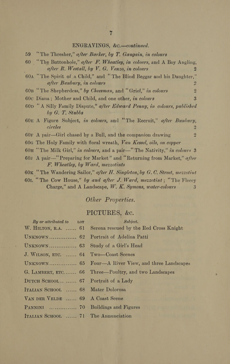 59 60 60A 60B 60C 60D 605 = 60F 606 60H 605 60L 7 ENGRAVINGS, &amp;¢.—continued. “The Thresher,” a/ter Barker, by T. Gaugain, in colours after R. Westall, by V. G. Venzo, in colours 2 “The Spirit of a Child,” and “The Blind Beggar and his Daughter,” after Bunbury, in colours 2 “The Shepherdess,” by Cheesman, and “ Grief,” in colours 2 Diana; Mother and Child, and one other, 2” colours 3 ee A Silly Family Dispute,” a/ter Edward Penny, in colours, published by G. T. Stubbs A Figure Subject, in colours, and “The Recruit,” after Bunbury, circles 2 A pair—Girl chased by a Bull, and the companion drawing 2 The Holy Family with floral wreath, Van Kessel, oils, on copper “The Milk Girl,” 22 colours, and a pair— The Nativity,” in colours 3 A pair-—‘Preparing for Market” and “Returning from Market,” after F. Wheatley, by Ward, mezzotints “The Wandering Sailor,” after H. Singleton, by G. C. Street, mezzotint Charge,” and A Landscape, W. K. Symons, water-colours 3 Other Properties. PICTURES, &amp;c. By or attributed to LOT Subject. W. HILTON, R.A. ...... 61 Serena rescued by the Red Cross Knight LINEMOWN:. 2. occ occueese 62 Portrait of Adelina Patti LUNTENTIW N73. eo erie 63 Study of a Girl’s Head J. WILSON, ETC;&gt; ...... 64 Two—Coast Scenes UONKNOWN .aya.dyeoeescko 65 Four—A River View, and three Landscapes G. LAMBERT, ETC. ...... 66 Three—Poultry, and two Landscapes DUTCH SCHOOL... ..:... 67 Portrait of a Lady ITALIAN SCHOOL ..:... 68 Mater Dolorosa VAN DER VELDE ...... 69 A Coast Scene eANNIMIS Sadist... sag 70 Buildings and Figures ITALIAN SCHOOL ...... 71 The Annunciation