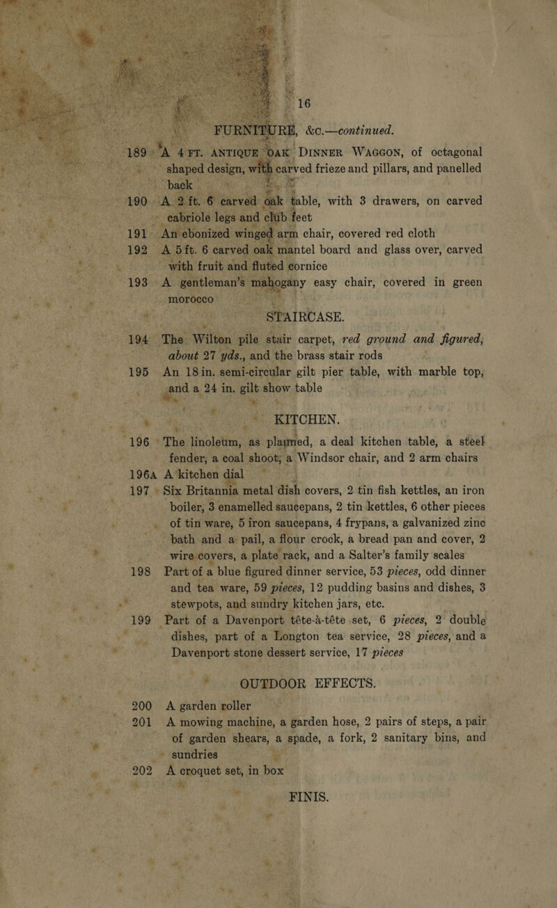     ia b Dimi Waacon, of octagonal dived frieze and pillars, and panelled wes ; map Ogee t fh ee Seg about 27 yds., and the brass stair rods 195 An 18in. semi-circular gilt pier table, with marble top, ae a 24 in. gilt: show table eae Mae Ae + ee | re KITCHEN, “196 Tene linoleum, as. plaimed, a deal kitchen table) . a steel fender, a coal ‘shoot; a Windsor chair, and 2 arm chairs 1964 A aitched ARS poate at ‘ 197 + Six ie metal dish covers, 2 tin fish kettles, an iron boiler, 3 enamelled saucepans, 2 tin kettles, 6 other pieces ie of tin. ware, 5 iron saucepans, 4 frypans, a galvanized zine ~ ~ bath: and a pail, a flour crock, a bread pan and cover, 2 gale _ wire covers, a plate. rack, and a Salter’s family scales and tea ware, 59 pieces, 12 pudding basins and dishes, 3 - stewpots, and sundry. kitchen jars, ete. | 199 ‘Part of a Davenport téte-A-téte set, 6 preces, 2 double dishes, part of a Longton tea service, 28 pieces, and a Davenport stone dessert service, 17 pzeces b- isi oUTDOOR EFFECTS. 200 A garden roller ad 201 A mowing machine, a garden hose, 2 pairs of steps, a pair of garden shears, a spade, a fork, 2 sanitary bins, and # sundries 7) &gt; 202 A croquet set, in box ‘te Ae ga 7) tL INTS. kK ! ” “ ® { a bad) %, in ae