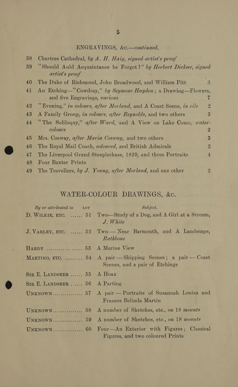 ENGRAVINGS, &amp;c.—continued. 38 Chartres Cathedral, by A. H. Haig, signed artist’s proof 39 “Should Auld Acquaintance be Forgot?” by Herbert Dicksee, signed artist’s proof 40 The Duke of Richmond, John Broadwood, and William Pitt 3 41 An Etching—‘“‘Cowdray,” by Seymour Hayden ; a Drawing—Flowers, and five Engravings, various 7 42 “Evening,” in colours, after Morland, and A Coast Scene, in oi/s Z 43 &lt;A Family Group, zn colours, after Reynolds, and two others 3g 44 “The Soliloquy,” after Ward, and A View on Lake Como, water- colours 2 45 Mrs. Cosway, after Maria Cosway, and two others S 46 The Royal Mail Coach, coloured, and British Admirals 2 47 The Liverpool Grand Steeplechase, 1839, and three Portraits 4 48 Four Baxter Prints 49 The Travellers, by J. Young, after Morland, and one other S WATER-COLOUR DRAWINGS, &amp;c. By or attributed to LOT Subject. SFO WIEKIG. BIC). 25/0 51 Two—Study of a Dog, and A Girl at a Stream, J. White OA VAR CRY REO. Ain cass 52 Two— Near Barmouth, and A Landscape, cathbone PUNO) Vie ees vs eae es 53 A Marine View MARTINO, ETC. :........ 54 A pair—-Shipping Scenes; a pair — Coast Scenes, and a pair of Etchings Sir E. LANDSEER ...... Op a 0ex Sir E. LANDSEER..... 56 A Parting - TUNENOWN:... ces. «:. 57 &lt;A pair — Portraits of Susannah Louisa and Frances Belinda Martin WENKNOWN 2+. oman ats 58 A number of Sketches, etc., on 18 mounts UNKNOWN, «Jc. eeckers 59 A number of Sketches, etc., on 18 mounts UNKNOWN..........,..-. 60 Four—An Exterior with Figures; Classical Figures, and two coloured Prints