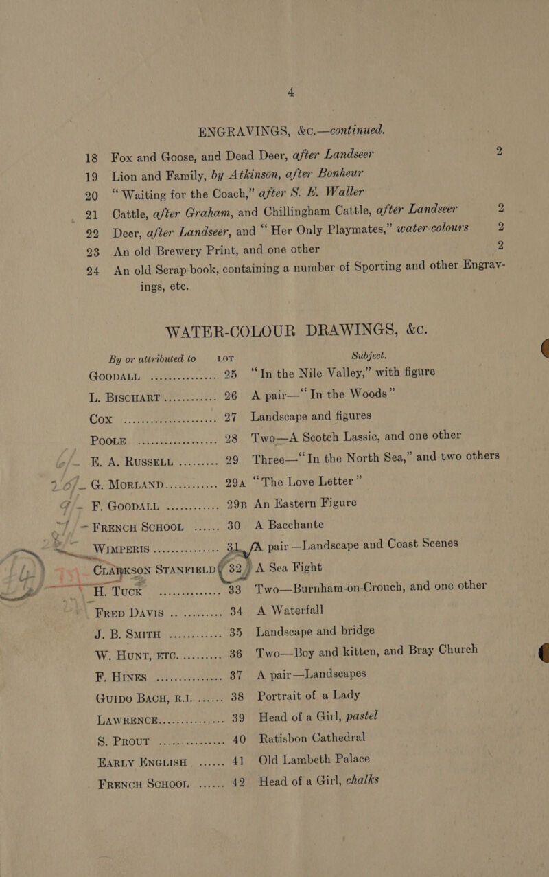 ENGRAVINGS, &amp;c.—continued. 18 Fox and Goose, and Dead Deer, after Landseer 2 19 Lion and Family, by Atkinson, after Bonheur 20 ‘Waiting for the Coach,” after S. L. Waller 21 Cattle, after Graham, and Chillingham Cattle, after Landseer pe 22 Deer, after Landseer, and “Her Only Playmates,” water-colours 2 93 An old Brewery Print, and one other 2 94 An old Scrap-book, containing a number of Sporting and other Engray- ings, ete. WATER-COLOUR DRAWINGS, &amp;c. By or attributed to —- LOT Subject. GOODALE Seg sea 95 ‘In the Nile Valley,” with figure L. BISCHARTY 43.0 52 26 <A pair— In the Woods” GOR), AN as es 32 27 Landscape and figures ORE Oo al lg 98 Two—A Scotch Lassie, and one other BAW RUSSEL. «hiss 99 Three—‘‘In the North Sea,” and two others LCE MOORLAND uo oils 29a “The Love Letter ” Fi ER MODAL Cipcks ecko 29p An Eastern Figure - FRENCH SCHOOL ...... 30 <A Bacchante ..,, WIMPERIS Kaas Delia Pee 31, fA pair —Landscape and Coast Scenes CLARKSON Sranrpip ( $2) A Sea Fight A 1h 3/0) “alas GAN 33 Two—Burnham-on-Crouch, and one other 4 BRED DAVIS (cs orekat iss 34. A Waterfall J. B. SMITH cy ama Oe 35 Landscape and bridge We AUEIN TAIL. seni cies 36 Two—Boy and kitten, and Bray Church EP ARinne sae ces 37 A pair—Landscapes Guipo Bach, B.1........ 38 Portrait of a Lady LAWRENCE cop tasegeeee 39 Head of a Girl, pastel See ROUT ree Pitane beth 40 Ratisbon Cathedral EARLY ENGLISH. ...... 41 Old Lambeth Palace 
