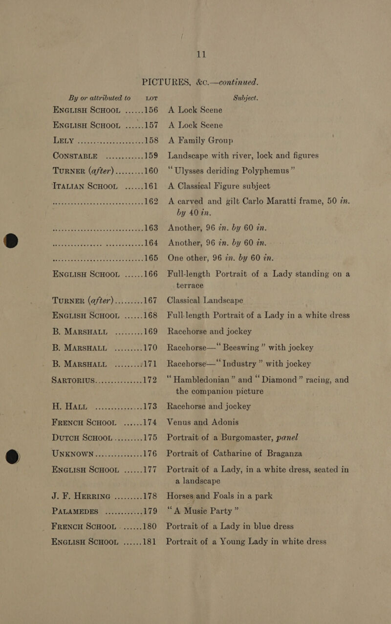 By or attributed to LOT ENGLISH SCHOOL ...... 156 ENGLISH ScHoor ......157 PREIS ovo uns cabin on ott Bax 158 PON TATE pie foe's; 159 TURNER (after) ......... 160 ITALIAN SCHOOL ...... 161 BOAR, Shalt re 162 Sy Me RAE 2 ea ED 163 PRR e Moy Wades tess ideale a 164 ye na RO AE Pee A hear 165 ENGLISH SCHOOL ...... 166 TURNER (after) ......:.. 167 ENGLISH SCHOOL ...... 168 Ibs MARSHALL, 4.7... .3 169 B. MARSHADL. %..../..: 170 B. MARSHALL ........: 171 PART ORM res siti ne 172 PRREGR Te cece aban, oh 173 FRENCH SCHOOL ...... 174 DUTCH SCHOOL......... 175 RENOWN ask ap eidas 176 ENGLISH SCHOOL ...... 177 J. F. HERRING ......... 178 PALAMEDES | ....5..046% 19 _ FRENCH SCHOOL ....... 180 ENGLISH SCHOOL ...... 181 Subject. A Lock Scene A Lock Scene A Family Group Landscape with river, lock and figures ‘Ulysses deriding Polyphemus ” A Classical Figure subject A carved and gilt Carlo Maratti frame, 50 in. by 40 in. Another, 96 zn. by 60 in. Another, 96 in. by 60 2n. One other, 96 in. by 60 zn. Full-length Portrait of a Lady standing on a terrace Classical Landscape Full-length Portrait of a Lady in a white dress Racehorse and jockey Racehorse—* Beeswing ” with jockey Racehorse—* Industry ” with jockey 6é . ce . . Hambledonian” and Diamond” racing, and the companion picture Racehorse and jockey Venus and Adonis Portrait of a Burgomaster, panel Portrait of Catharine of Braganza Portrait of a Lady, in a white dress, seated in a landscape Horses. and Foals in a park ‘“A Music Party ” Portrait of a Lady in blue dress Portrait of a Young Lady in white dress
