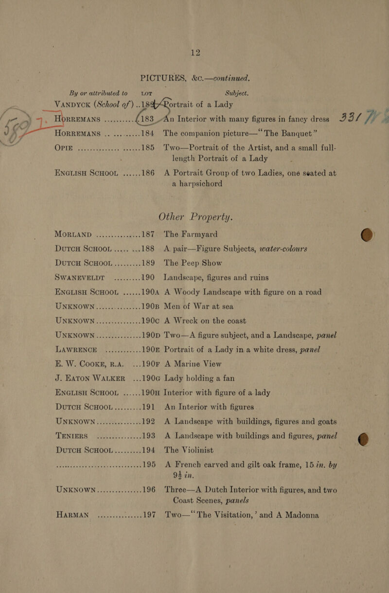 PICTURES, &amp;c.—continued. By or attributed to LOT Subject. a VANDYCK (School of) ..18 ortrait of a Lady ae le 7 +. Honenwans LNs Se .183_An Interior with many figures in fancy dress 33/ fi a v v-~ HorrEMANs Lah _.....184 The companion picture—‘The Banquet” al ADPLR GG earn cee ene 185 'Two—Portrait of the Artist, and a small full- length Portrait of a Lady a harpsichord MORLAND 4/342... Ui.n peel 187 DuTCH SCHOOL ..... ... 188 DUTCH SCHOOL .}....2.; 189 SWANEVELDT ......... 190 ENGLISH SCHOOL ...... 190A UNKNOWN......... a ie 1908 UNKNOWN)... s0s:¢02.4.55 190¢ UNKNOWN) Ue anes 190D LIA WRENGR UG shatiiton: ss 1908 E. W. CooKk, R.A. ...190F ENGLISH SCHOOL ...... 1908 Interior with figure of a lady Doron SCHOOL ..22:...4: 191 An Interior with figures UNKNOWN sie oki 192 A Landscape with buildings, figures and goats (LENIGRS cAtGves. .vosd 193 A Landscape with buildings and figures, panel DUTCH SCHOOL...... 4.4: 194 The Violinist | Sa tak DIRE hg Rape sO 195 A French carved and gilt oak frame, 15 in. by 93 in. UNKNOWN............00. 196 Three—A Dutch Interior with figures, and two Coast Scenes, panels FARMAN Cisiaesn ves dace 197 The Farmyard A. pair—Figure Subjects, water-colours The Peep Show Landscape, figures and ruins A Woody Landscape with figure on a road Men of War at sea A Wreck on the coast Two—A figure subject, and a Landscape, panel Portrait of a Lady in a white dress, panel A Marine View Lady holding a fan Two—“ The Visitation,’ and A Madonna