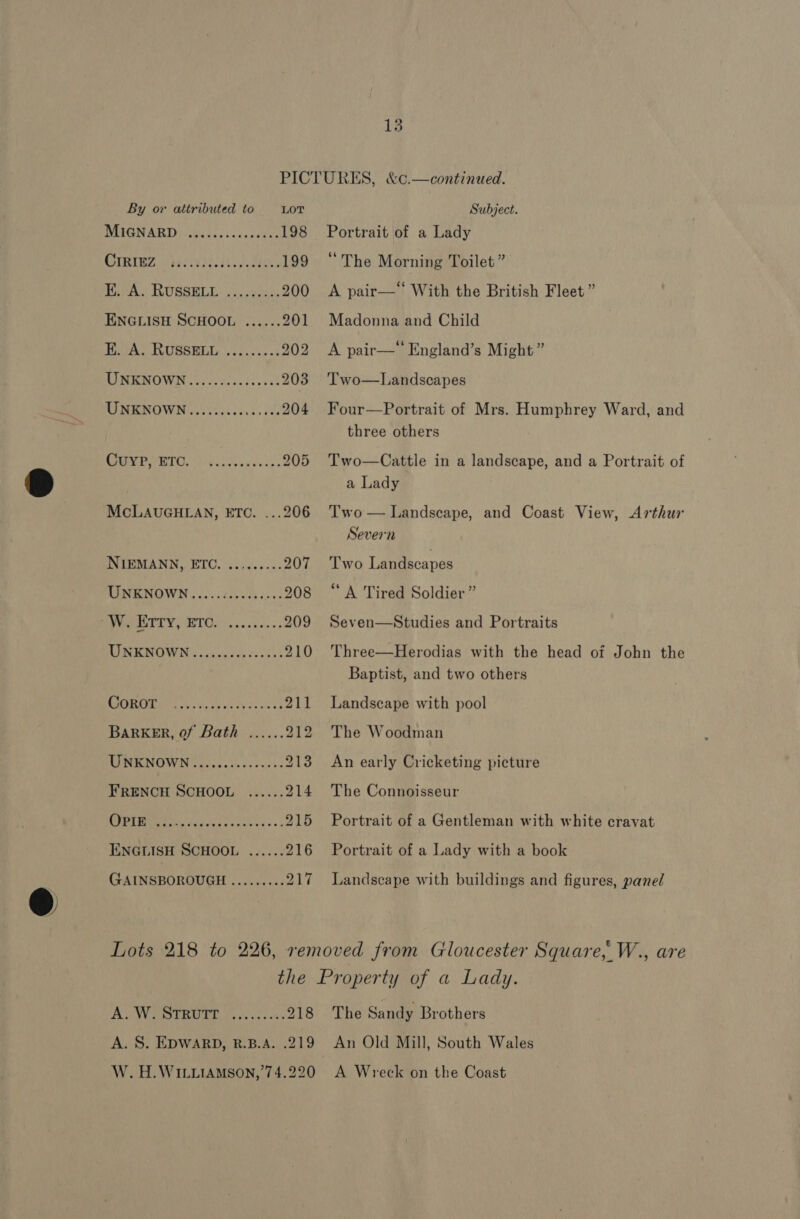 CIRIEZ CuypP, ETC. CoROT 13 198 199 200 201 202 203 204 205 Portrait of a Lady ‘The Morning Toilet” A pair—* With the British Fleet ” Madonna and Child A pair—‘‘ England’s Might” Two—Landscapes Four—Portrait of Mrs. Humphrey Ward, and three others Two—Cattle in a landscape, and a Portrait of a Lady Two — Landscape, and Coast View, Arthur Severn Two Landscapes “A Tired Soldier” Seven—Studies and Portraits Three—Herodias with the head of John the Baptist, and two others Landscape with pool The Woodman An early Cricketing picture The Connoisseur Portrait of a Gentleman with white cravat Portrait of a Lady with a book Landscape with buildings and figures, panel 218 The Sa ndy Brothers