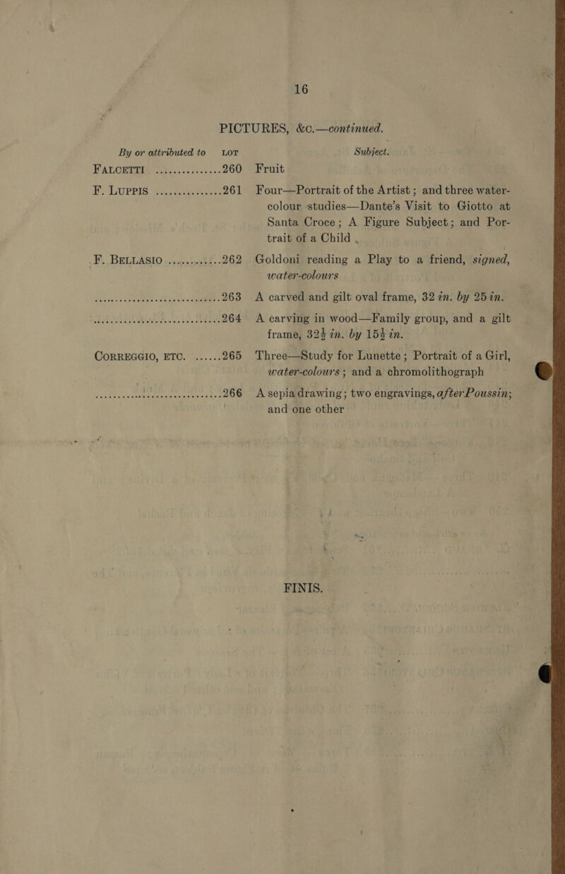 By or attributed to LOT FAT CRIMER Sty... occas. 260 LUPRIS: Seu, eas tera 261 F.., BELLASIO 4.15 bab 262 eS eee 263 SEE RD, 264 CORREGGIO, ETO. ...... 265 a aoe meee e.. 266 Subject. Fruit Four—Portrait of the Artist ; and three water- colour studies—Dante’s Visit to Giotto at Santa Croce; A Figure Subject; and Por- trait of a Child . Goldoni reading a Play to a friend, signed, water-colours A carved and gilt oval frame, 32 ¢n. by 25 in. A carving in wood—Family group, and a gilt frame, 324 in. by 154 in. Three—Study for Lunette ; Portrait of a Girl, water-colours ; and a chromolithograph A sepia drawing; two engravings, after Poussin; and one other 