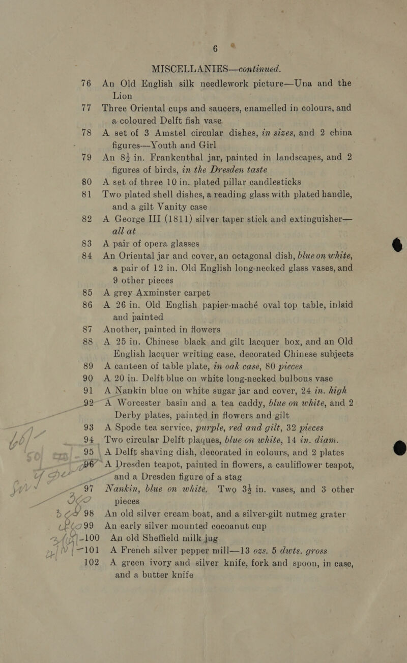 MISCELLANIES—continued. An Old English silk needlework picharer-Wne and the Lion Three Oriental cups and saucers, enamelled in colours, and a coloured Delft fish vase A set of 3 Amstel circular dishes, 72 sizes, and 2 china figures-—Youth and Girl An 84 in. Frankenthal jar, painted in ote and 2 figures of birds, in the Dresden taste A set of three 10 in. plated pillar candlesticks Two plated shell dishes, a reading glass with plated handle, and a gilt Vanity case A George III (1811) silver taper stick and extinguisher— all at A pair of opera glasses An Oriental jar and cover, an octagonal dish, blue on white, a pair of 12 in. Old English long-necked glass vases, and 9 other pieces A grey Axminster carpet A 26 in. Old English papier-maché oval top table, inlaid and painted Another, painted in flowers A 25 in. Chinese black and gilt lacquer box, and an Old English lacquer writing case, decorated Chinese subjects A canteen of table plate, 7m oak case, 80 pieces A 20 in. Delft blue on white long-necked bulbous vase A Nankin blue on white sugar jar and cover, 24 in. high A Worcester basin and a tea caddy, blue on white, and 2 Derby plates, painted in flowers and gilt A Spode tea service, purple, red and gilt, 32 pieces Two circular Delft plaques, blue on white, 14 in. diam. A Delft shaving dish, decorated in colours, and 2 plates A Dresden teapot, painted in flowers, a cauliflower teapot, and a Dresden figure of a stag Nankin, blue on white, Two 34 in. vases, and 3 other pieces An old silver cream boat, and a silver-gilt nutmeg grater An early silver mounted cocoanut cup An old Sheffield milk jug A French silver pepper mill—13 ozs. 5 dwts. gross A green ivory and silver knife, fork and spoon, in case, and a butter knife  