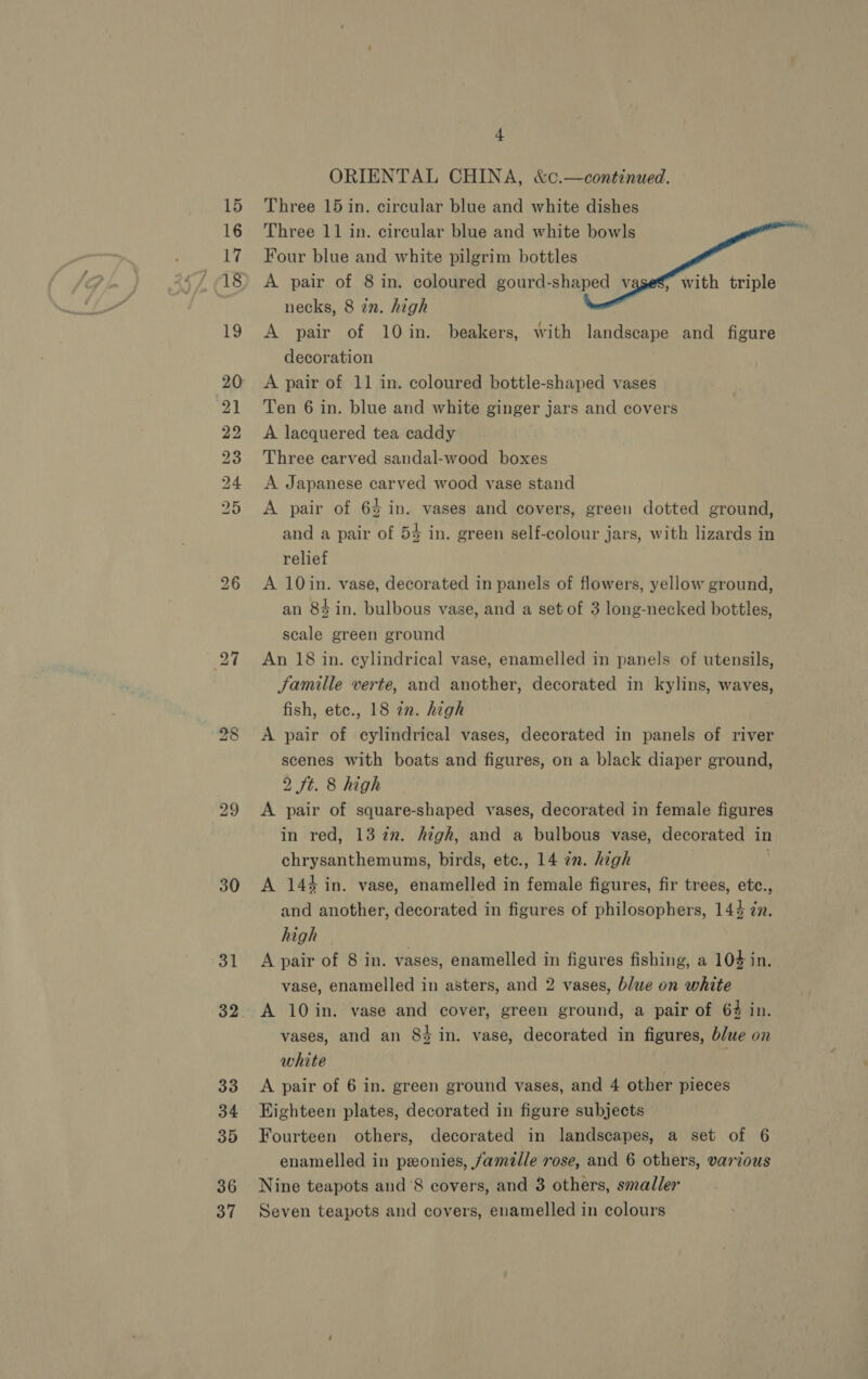 BS 8S bo = bo 2b OU Re &amp; bo 30 31 33 34 35 36 37 + ORIENTAL CHINA, &amp;c.—continued. Three 15 in. circular blue and white dishes Three 11 in. circular blue and white bowls Four blue and white pilgrim bottles A pair of 8 in. coloured gourd-shaped v necks, 8 in. high A pair of 10in. beakers, with landscape and figure decoration A pair of 11 in. coloured bottle-shaped vases Ten 6 in. blue and white ginger jars and covers A lacquered tea caddy Three carved sandal-wood boxes A Japanese carved wood vase stand A pair of 6% in. vases and covers, green dotted ground, and a pair of 54 in. green self-colour jars, with lizards in , with triple relief A 10in. vase, decorated in panels of flowers, yellow ground, an 8% in. bulbous vase, and a set of 3 long-necked bottles, scale green ground An 18 in. cylindrical vase, enamelled in panels of utensils, Jamille verte, and another, decorated in kylins, waves, fish, etc., 18 22. high A pair of cylindrical vases, decorated in panels of river scenes with boats and figures, on a black diaper ground, 2 ft. 8 high A pair of square-shaped vases, decorated in female figures in red, 13 22. high, and a bulbous vase, decorated in chrysanthemums, birds, etc., 14 in. high . A 144 in. vase, enamelled in female figures, fir trees, etc., and another, decorated in figures of philosophers, 144 én. high A pair of 8 in. vases, enamelled in figures fishing, a 104 in. vase, enamelled in asters, and 2 vases, blue on white A 10in. vase and cover, green ground, a pair of 64 in. vases, and an 84 in. vase, decorated in figures, blue on white A pair of 6 in. green ground vases, and 4 other pieces Eighteen plates, decorated in figure subjects Fourteen others, decorated in landscapes, a set of 6 enamelled in ponies, jamelle rose, and 6 others, various Nine teapots and’8 covers, and 3 others, smaller Seven teapots and covers, enamelled in colours  