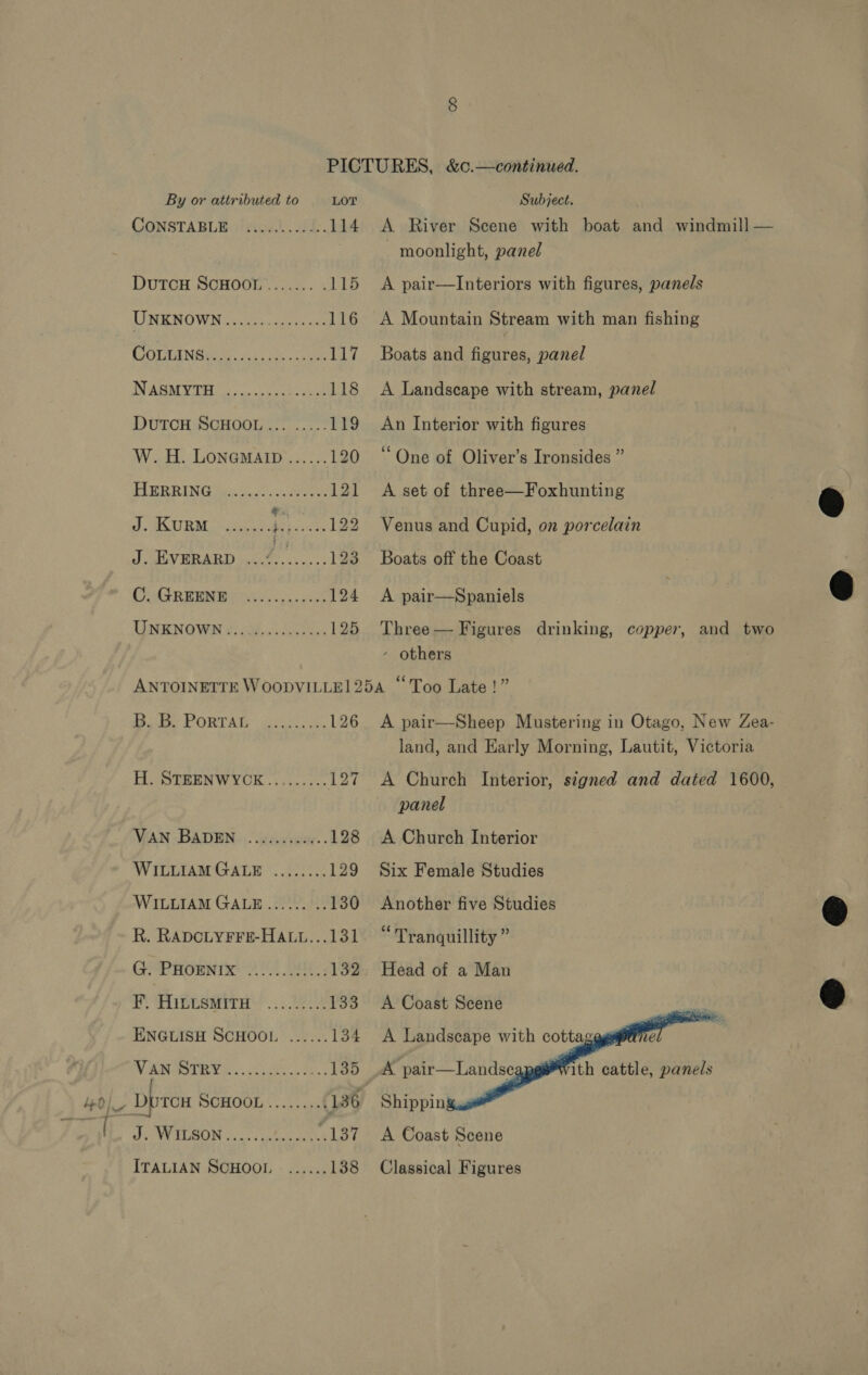 — ot... \ &lt; CONSTABLE Fiw.)..2h. 114 DutoH ScHoor........ .115 LI OWN Sy dais dean an 116 BEY ac Ws GaSe ar 118 DUTOH{ACGHOOL.:....;.- 119 W. H. LONGMAID ...... 120 PRE RING Stas see 121 J AUR Me atte derh..cee 122 J. EVERARD ...%........ 123 CT REM WES. ya dac 124 UNENOWN 2: 3..iN05- 125 A River Scene with boat and windmill — - moonlight, panel A pair—Interiors with figures, panels A Mountain Stream with man fishing A Landscape with stream, panel An Interior with figures ‘One of Oliver’s Ironsides ” A set of three—Foxhunting Venus and Cupid, on porcelain Boats off the Coast A pair—Spaniels Three — Figures drinking, copper, and two - others ite PORTAD gress 126 HA-SYrBENWYOR ..53..7-. 127 WAN - BADEN... wAwveliy. « 128 WILLIAMGALE ........ 129 WILLIAM GALE...... .. 130 R. RADCLYFFE-HALL...131 PARE SMITH.. : ee 133 ENGLISH SCHOOL ...... 134 WV AD POTN i &lt;. h doin ens 135 Dprex DOHOOL® o.4scsck 136 Ju WWILGON 00.3 sakaa dee 4LBt ITALIAN SCHOOL ...... 138 A pair—Sheep Mustering in Otago, New Zea- land, and Early Morning, Lautit, Victoria A Church Interior, signed and dated 1600, panel A Church Interior Six Female Studies Another five Studies “Tranquillity ” A Coast Scene   A Landscape with cottagggs wt A pair—Landscap ith cattle, panels Shipping.™ A Coast Scene Classical Figures  