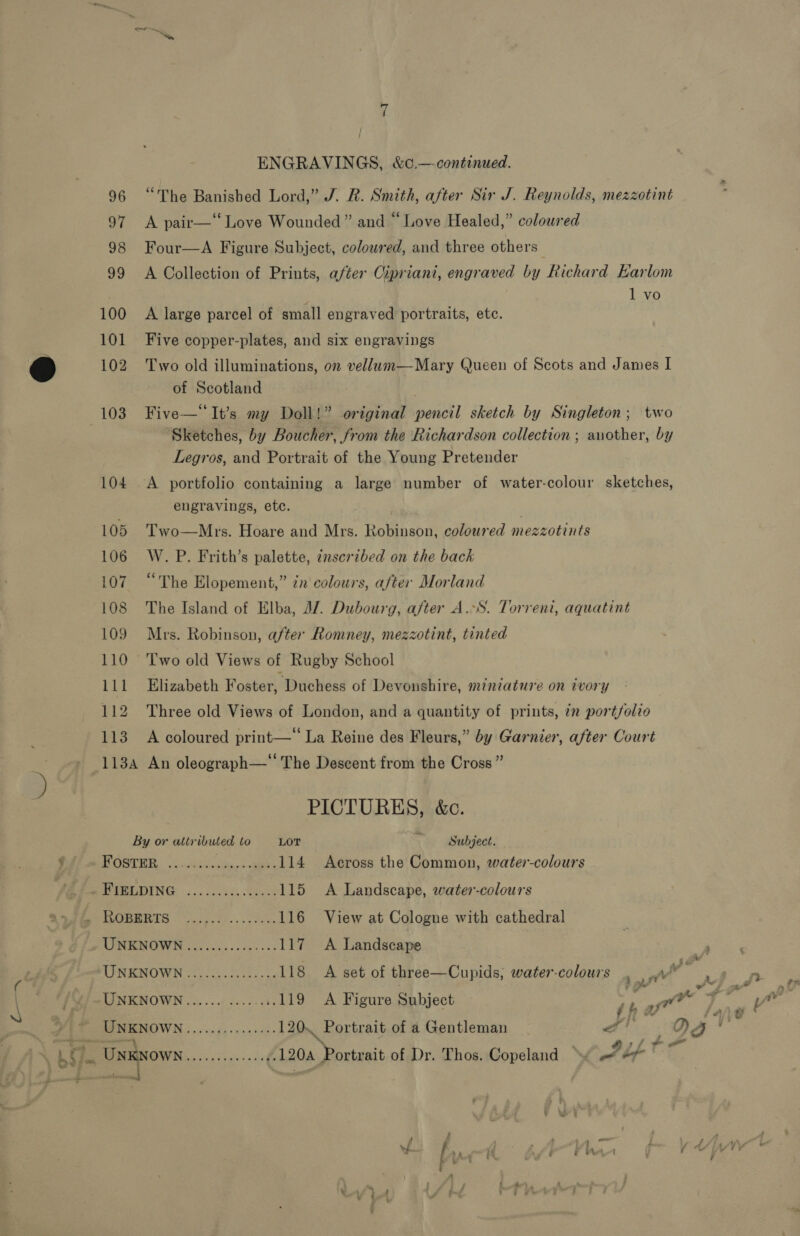 ENGRAVINGS, &amp;c.— continued. 96 “The Banished Lord,” J. R. Smith, after Sir J. Reynolds, mezzotint 97 A pair—‘‘ Love Wounded” and “Love Healed,” coloured 98 Four—A Figure Subject, coloured, and three others” 99 &lt;A Collection of Prints, after Cipriani, engraved by Richard Karlom 1 vo 100 A large parcel of small engraved portraits, etc. 101 Five copper-plates, and six engravings 102 Two old illuminations, on vellum—Mary Queen of Scots and James I of Scotland 103. Five—“ It’s my Doll!” original pencil sketch by Singleton; two Sketches, by Boucher, from the Richardson collection ; another, by Legros, and Portrait of the Young Pretender 104 A portfolio containing a large number of water-colour sketches, engravings, etc. | 105 Two—Mrs. Hoare and Mrs. Robinson, coloured mezzotints 106 W. P. Frith’s palette, znscribed on the back 107 “The Elopement,” zx colours, after Morland 108 The Island of Elba, AZ. Dubourg, after A.S. Torrent, aquatint 109 Mrs. Robinson, after Romney, mezzotint, tinted 110 Two old Views of Rugby School 111 Elizabeth Foster, Duchess of Devonshire, miniature on ivory 112 Three old Views of London, and a quantity of prints, in portfolio 113 A coloured print—* La Reine des Fleurs,” by Garnier, after Court 113A An oleograph—‘‘ The Descent from the Cross ” PICTURKS, &amp;c. By or attributed to LOT Subject. : COAT SOT 4: ski, cin. 5 dames 114 Across the Common, water-colours | PUeURING: :.. cen stoer 115 &lt;A Landscape, water-colours betcuners ty. en 116 View at Cologne with cathedral oot 3. Se 117 A Landscape LINENOWN fc 025, ovens ce 118 A set of three—Cupids, water-colours Ry UNKNOWN.......... ...119 &lt;A Figure Subject a SEMICNOWN ...000.---2000- 120. Portrait of a Gentleman MS Lt. UNKNOWN Seah yf 120A Portrait of Dr. Thos. Copeland ™ S bf- ee ; ,