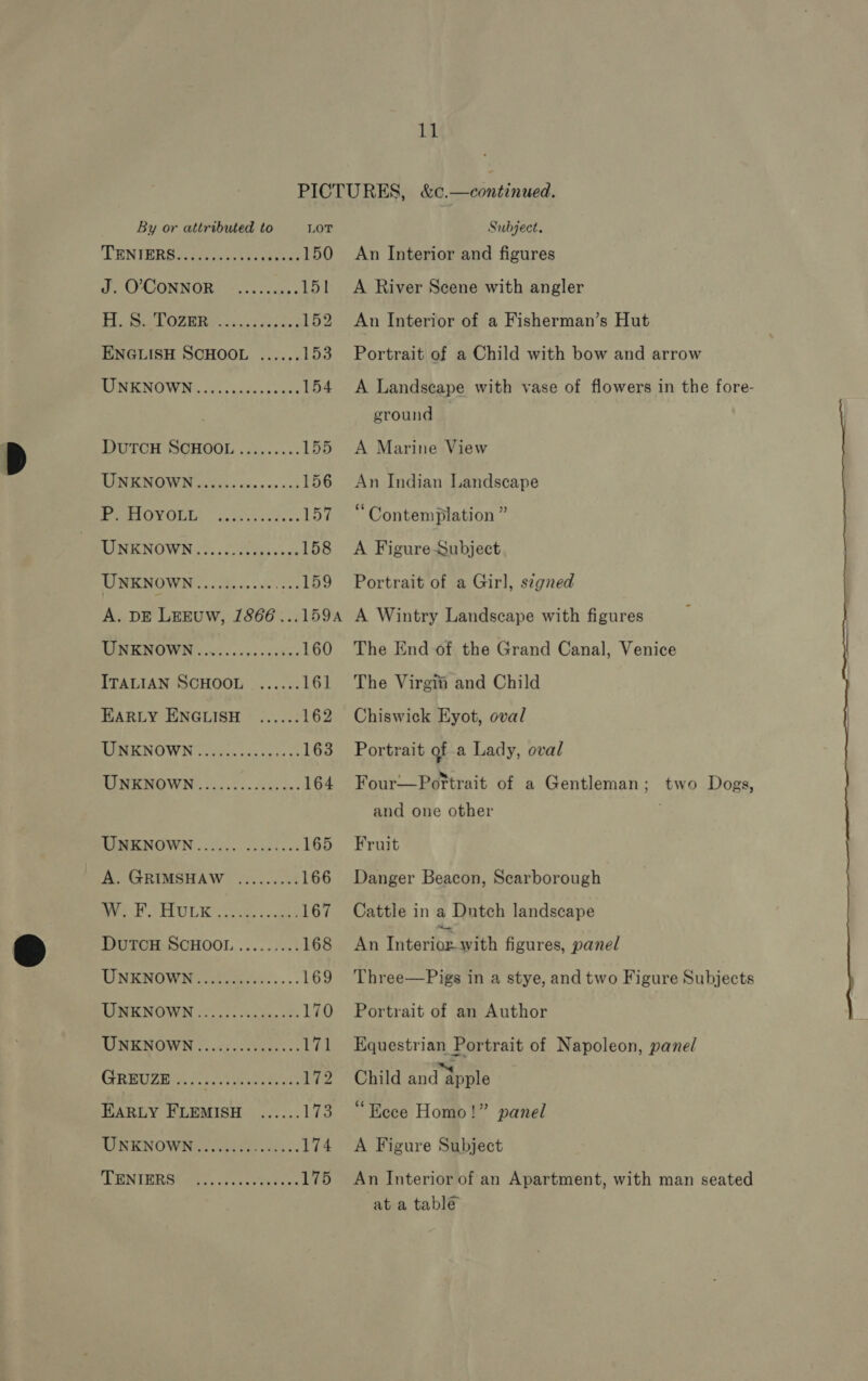 By or attributed to LOT (PENEBRS sc econ cx) s eee es 150 J. O'CONNOR _......... 15] Pica LOSRIE. cn <2 sesce, 152 ENGLISH SCHOOL ...... 153 MINE NOW N ods usavyneeee 154 DUTCH SCHOOL......... 155 LENE NOWIN cities asin so 0 <3 156 BeALOV OUD: | cach sy Codecs 157 TENE NOWN wei. os eral sees 158 UNKNOWN ........... ran oo UNKNOWN ...... cess 160 ITALIAN SCHOOL ....... 161 EARLY ENGLISH ...... 162 RINE NOWN coy a4 cdc cy rs on 163 TUNE NOWN .55.02.- 02) ons 164 MIMENOWN 205. secsiacs 165 A. GRIMSHAW ......... 166 De CHULK jeessgle 167 DuTcH SCHOOL.........168 UNKNOWN: .tedecees.... 169 RINE NOWEN 0, 05s sds. Ve 170 UNENOWN 2 6.di.. obese 171 GREUAE ons eee ok 172 EARLY FLEMISH ...... Lis UNKNOWN, covcider ats. 174 ENTREES Ceti vs scn one ate 175 Subject. An Interior and figures A River Scene with angler An Interior of a Fisherman’s Hut Portrait of a Child with bow and arrow A Landscape with vase of flowers in the fore- ground A Marine View An Indian Landscape “ Contemplation ” A Figure Subject Portrait of a Girl, signed A Wintry Landscape with figures The End of the Grand Canal, Venice The Virgin and Child Chiswick Eyot, oval Portrait of a Lady, oval ; » . Four—Portrait of a Gentleman; two Dogs, and one other Fruit Danger Beacon, Scarborough Cattle in a Dutch landscape An Titerihe. with figures, panel Three—Pigs in a stye, and two Figure Subjects Portrait of an Author Equestrian Portrait of Napoleon, panel Child and apple ‘“Eece Homo!” panel A Figure Subject An Interior of an Apartment, with man seated at a table 
