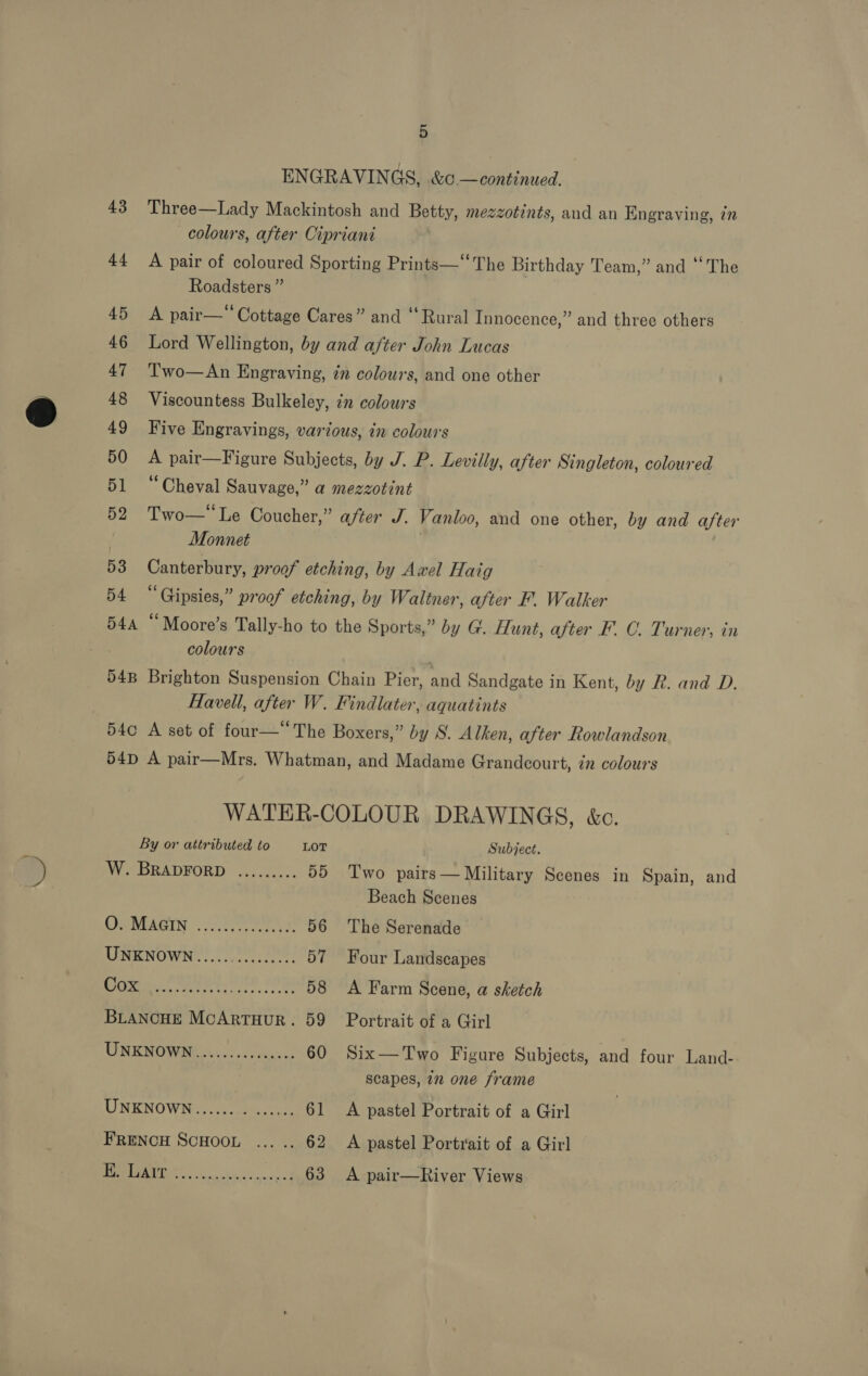 Roadsters ” Monnet colours By or attributed to LOT Wie BRADFORD ....2¢). 55 CMEMEAGIN . eo Sra oat 56 UNKNOWN..... tag 57 ces! ee ee ee. 8a 58 BLANCHE McARTHUR. 59 UNRNOW Nis 5. coedeens 60 UNENOWREAW oe ae 61 FRENCH SCHOOL ... .. 62 LOND) ae 63 Subject. Two pairs— Military Scenes in Spain, and Beach Scenes The Serenade Four Landscapes A Farm Scene, a sketch Portrait of a Girl Six— Two Figure Subjects, and four Land- scapes, 722 one frame A pastel Portrait of a Girl A pastel Portrait of a Girl A pair—River Views