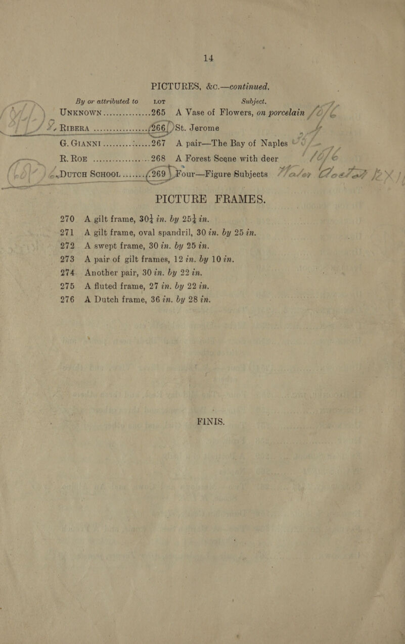 PICTURES, &amp;c.—continued. By or attributed to LOT Subject. —_— 271 272 273 274 275 276 PICTURE FRAMES. A gilt frame, 304 in. by 254 in. A gilt frame, oval spandril, 30 in. by 25 in. A swept frame, 30 in. by 25 in. | A pair of gilt frames, 12 7. by 10 in. Another pair, 30 7n. by 22 in. A fluted frame, 27 in. by 22 in. A Dutch frame, 36 in. by 28 in. FINIS. by “ (at ae