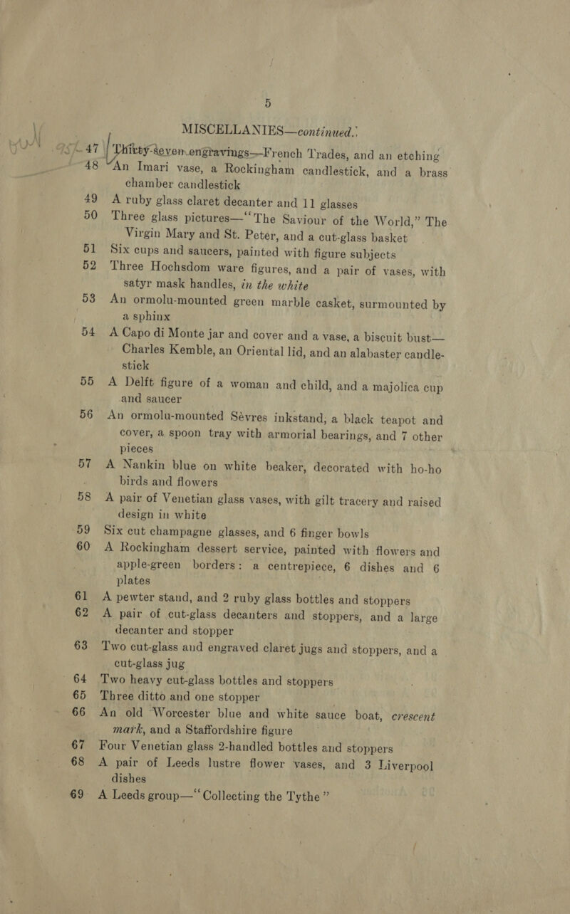 55 56 an MISCELLANIES—continued.’ : irty-tevem engravings—French Trades, and an etching An Imari vase, a Rockingham candlestick, and a brass’ chamber candlestick A ruby glass claret decanter and 1] glasses Three glass pictures—‘‘The Saviour of the World,” The Virgin Mary and St. Peter, and a cut-glass basket Six cups and saucers, painted with figure subjects Three Hochsdom ware figures, and a pair of vases, with satyr mask handles, cn the white An ormolu-mounted green marble casket, surmounted by a sphinx A Capo di Monte jar and cover and a vase, a biscuit bust— Charles Kemble, an Oriental lid, and an alabaster candle- stick | A Delft figure of a woman and child, and a majolica cup and saucer | An ormolu-mounted Sévres inkstand; a black teapot and cover, 2 spoon tray with armorial bearings, and 7 other pieces A Nankin blue on white beaker, decorated with ho-ho birds and flowers A pair of Venetian glass vases, with gilt tracery and raised design in white Six cut champagne glasses, and 6 finger bowls A Rockingham dessert service, painted with flowers and apple-green borders: a centrepiece, 6 dishes and 6 plates 3 A pewter stand, and 2 ruby glass bottles and stoppers A pair of cut-glass decanters and stoppers, and a large decanter and stopper Two cut-glass aud engraved claret jugs and stoppers, and a cut-glass jug Two heavy cut-glass bottles and stoppers Three ditto and one stopper An old Worcester blue and white sauce boat, exescent mark, and a Staffordshire figure Four Venetian glass 2-handled bottles and stoppers A pair of Leeds lustre flower vases, and 3 Liverpool _ dishes ,