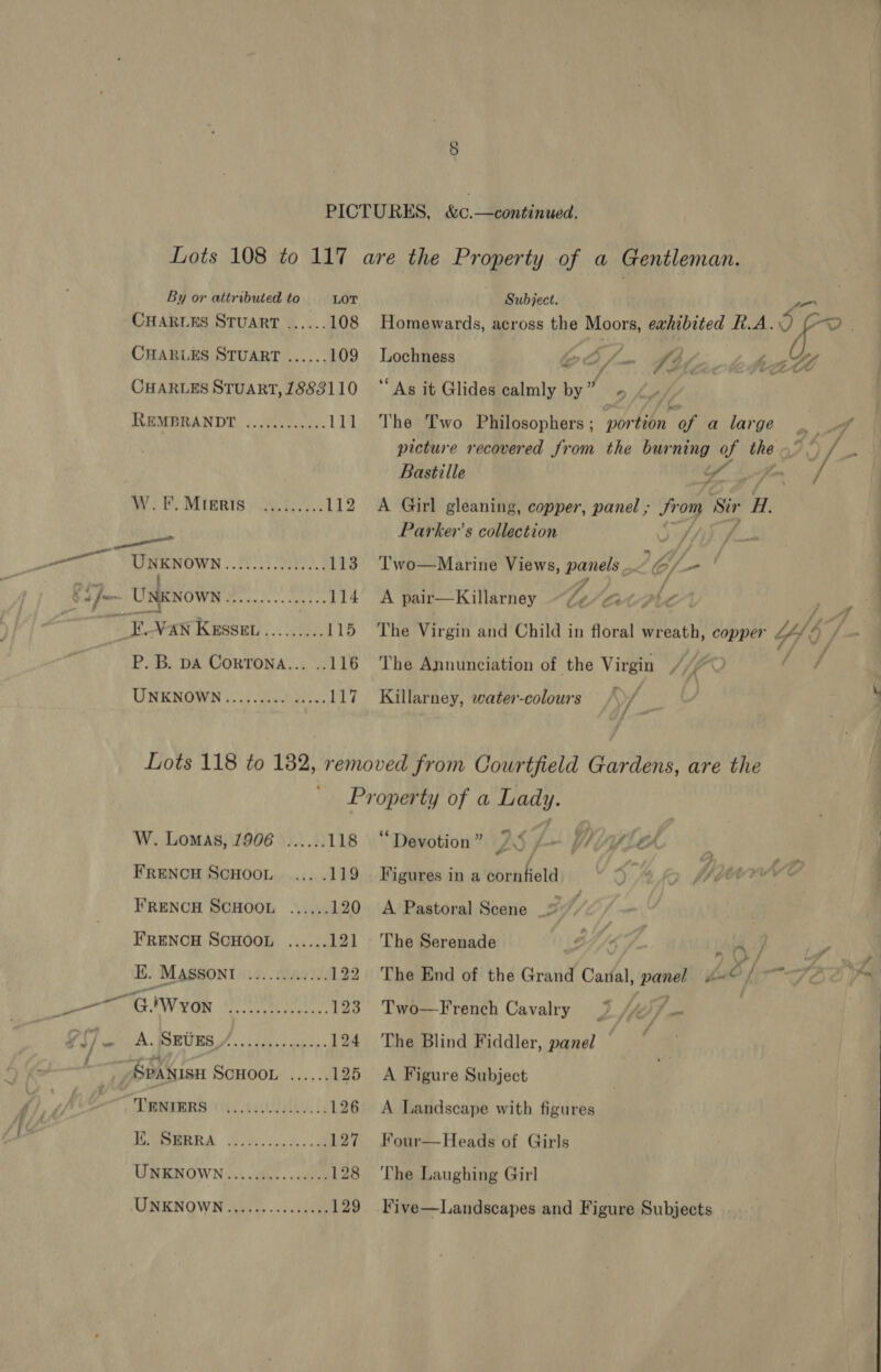 Lots 108 to 117 are the Property of a Gentleman. By or attributed to LOT Subject. CHARLES StuART ......108 Homewards, across the Moors, exhibited R.A. Spe CHARLES STUART ...... 109 Lochness eOf— fbi eats CHARLES STUART, 1888110 “‘ As it Glides calmly by f ofth/y au, RB: | REMBRANDT ............ 111 The Two Philosophers ; wbriion OF a large yi a A picture recovered from the burning of the” f Z Bastille SY if-~ | W.F. Mipris; .../..... 112 <A Girl gleaning, copper, panel ; Abe) Sir H. ipa Parker’ s vdfladedin Of | UNKNOWN... 20.02. 113° ‘!wo—Marine Views, panels os we ti }— UNKNOWN Meant. co a1 A pair—Killarney 4, OH, Wh / A | wae, VAN Kusse......... 115 The Virgin and Child in floral wreath, copper hs P. B. DA CORTONA... .. 116 The Annunciation of the Virgin | UNKNOWN ......... ...5. 117 Killarney, water-colours he | s Lots 118 to 182, removed from Courtfield Gardens, are the Property of a Hay. | : W. Lomas, 1906 ...... 118 Devotion” 25 -- Pale | FRENCH SCHOOL .... .119 . Figures in a cornfield 5 iy vO | FRENCH SCHOOL ...... 120 A Pastoral Scene = FRENCH SCHOOL ...... 121 The Serenade | 4 fun AY E. MASSONT ............ 122 The End of the Grand Canal, panel hd fi ay SG ran 2 2h 123 Two—French Cavalry 5 /e/7- 3 OST AL Srites J. ose sepas. 194) The Blind Fiddler, panel ‘ .% SPANIsH SGHDOL: 4... 4 125 A Figure Subject SRMAIRS 164. ca E Hk ks 126 A Landscape with figures EGERRA S79. tice cal 127 Four—Heads of Girls UNKNOWN.....:.....00. 128 ‘The Laughing Girl 