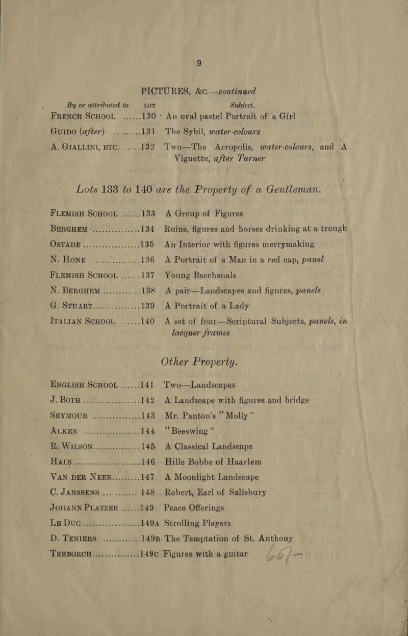 By or attributed to LOT Subject. FRENCH SCHOOL ...... 130° An oval pastel Portrait of a Girl Gurpo (after) .. ..... 131. The Sybil, water-colours PUASTALBLINI, BEC. «<4 132 ‘'wo—The Acropolis, water-colours, and A Vignette, after Turner Lots 183 to 140 are the Property of a Gentleman. FLEMISH SCHOOL ...... 133. A Group of Figures BERGHEM 9229 VD og, 134 Ruins, figures and horses drinking at a trough OSTADE tS A ee 135 An Interior with figures merrymaking BeECRLON EY ee ox, x, 136 A Portrait of a Man in a red cap, panel FLEMISH SCHOOL ......137 Young Bacchanals N. BERGHEM ....:....... 138 <A pair—Landscapes and figures, panels GPSTGART 88. QL, 139 <A Portrait of a Lady ITALIAN SCHOOL ....... 140 A set of feur—Seriptural Subjects, panels, on lacquer frames Other Property. ENGLISH SCHOOL ...... 141 Two—Landscapes BOTH eae km. ve 142 A Landscape with figures and bridge MEY MOUR “Geb iis ta 143. Mr. Panton’s “ Molly” PAL IGEN *.: pees ee 144 “Beeswing” MEOENVIAT.SON . can ua-pet' « 145 A Classical Landscape EXRESeS, . 0 cbaos aie ooo 146 Hille Bobbe of Haarlem VAN DER NEER......... 147 A Moonlight Landscape C. JANSSENS ... ....... 148 Robert, Earl of Salisbury JOHANN PLATZER ...... 149 Peace Offerings DpDuGi wes ih. i. itive: 149A Strolling Players Do TENIEGHA!: 005109 1498 The Temptation of St. Anthony 'TERBORCH.............4: 149c Figures with a guitar eb fm