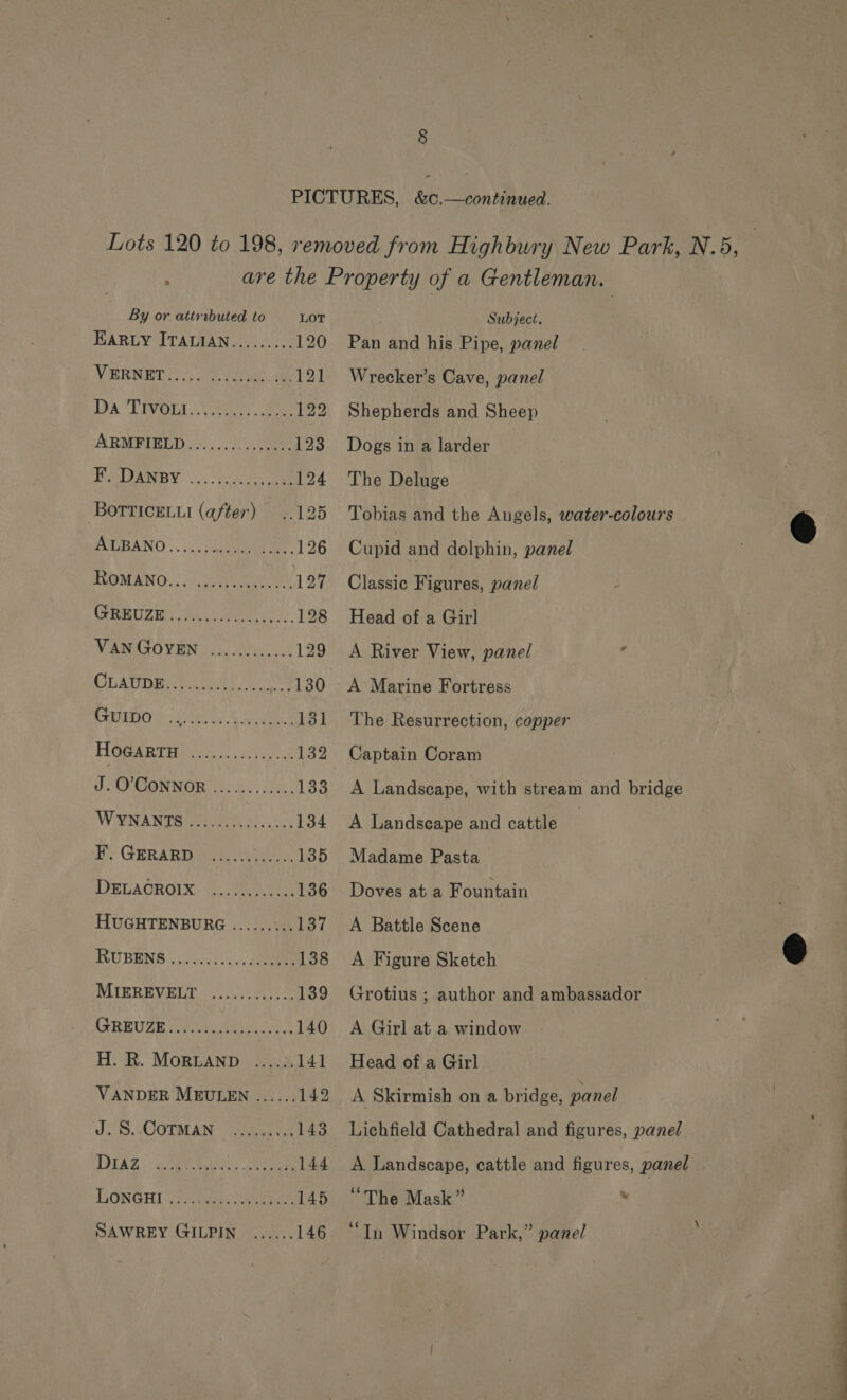 By or attributed to LOT HARLY ITALIAN......... 120 Varner eae By SHER | Da Tivot.. Cate, eee 122 ARMBPTELD 3)..0.5, ee 123 PANDY... yee 124 BOTTICELLI (after) ..125 ACBANO ..o\ocguieien dee 126 UMA Ojo Weare aes 127 SS A ne a 128 MANASOVIONS footie 129 OUATID Re aie ure 130 CREO viel oe 4 Sh ee 131 HOGARTH io .ci yee 132 JOON NOR oO Sad 133 WANA WOR re ey by. fo 134 My GRRARD Bats ees 135 DELAGROIX: Gi ee 136 HUGHTENBURG ......... 137 EUBENS ii)0.4... 5. ae 138 MIEBREVELT oN oS 139 CFREUZE ee ohaeaics os 140 H. R. MorLanp ....:. 141 VANDER MEULEN ...... 142 J.S..COTMAN ......... 143 TUIAS ke reeds cers 144 LONGHI Vetus eae 145 SAWREY GILPIN ...... 146 Subject. Pan and his Pipe, panel Wrecker’s Cave, panel Shepherds and Sheep Dogs in a larder The Deluge Tobias and the Angels, water-colours Cupid and dolphin, panel Classic Figures, panel 2 Head of a Girl A River View, panel A Marine Fortress The Resurrection, copper Captain Coram A Landscape, with stream and bridge A Landseape and cattle : Madame Pasta Doves at a Fountain A Battle Scene A Figure Sketch Grotius ; author and ambassador A Girl at a window Head of a Girl A Skirmish on a bridge, panel Lichfield Cathedral and figures, panel A Landscape, cattle and figures, panel “The Mask”  “In Windsor Park,” panel 