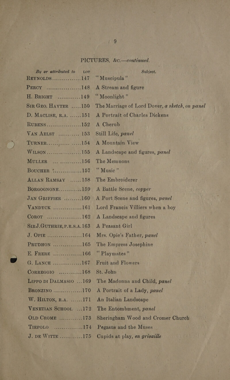 . By or attributed to LOT EU NOLDS | dod cicee ns as 147 RONG Yer ary cere ne face 148 Ree RIGHT Si. /cc7. oni . 149 Sir Geo. HAYTER ..... 150 DD. MAOGLISE, R.A, ..:...k51 TREN es Sr CE IR os 152 VAN ABLST | }....,..... 153 TURNER...... sre Wola 154 NWELBONGG criesteune datas st 155 REE ORERATUr AN. lene, 156 THOUGH ER 9 6 iso th do dea ete 157 ALLAN RAMSAY ...... 158 BORGOGNONE............ 159 JAN GRIFFIER .:....... 160 MAND YVR. 1's. Re 1h dasa 161 MORO Mies tice gcar eh: 162 SirnJ.GUTHRIE, P.R.S.A. 163 ASC LS tt 8 oan ae 164 IFRUDHON «sociale eso. 165 ORCL 5. vagecevente ase 166 LP IPANOB ods. ccusnd ean 167 CORREGGIO ...2..44.355 168 Lippo DI DALMASIO ...169 MMONZINO. |, 5.50'ls 10k ee: 170 Webtnvon R.A. IT VENETIAN SCHOOL 172 OLD. CROME 73.) ...8.48 173 PR OLOW oats waite 174 DH: WITTE sues, 175 Subject. “Muscipula ” A Stream and figure Moonlight ” The Marriage of Lord Dover, a sketch, on panel A Portrait of Charles Dickens A Cherub Still Life, panel A Mountain View A Landscape and figures, panel The Memnons Music ” The Embroiderer A Battle Scene, copper A Port Scene and figures, panel Lord Francis Villiers when a boy A Landscape and figures A Peasant Girl Mrs. Opie’s Father, panel The Empress Josephine Playmates ” Fruit and Flowers St. John The Madonna and Child, panel A Portrait of a Lady, panel An Italian Landscape The Entombment, panel Sheringham Wood and Cromer Church Pegasus and the Muses Cupids at play, en grisaille