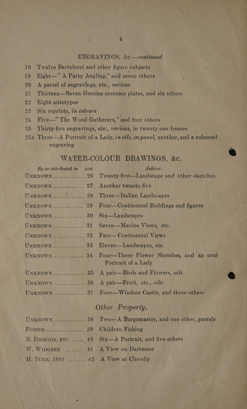 22 Hight autotypes engraving 6 By or attributed te Lot WINKNOWN i pers. - 26 UNKNOWN..... Pie Dita 27 UNKNOWN HORA i. 28 TPR KNOWN (3 cu, wees cart 29 UNKNOWN (2000s: oc Fiv ee 30 TS NRINORV NG ors iin le ds spl DINENO Witieseees svete. 32 WNKNOWNoaeues artes’ 33 AINKNOWN vito eae 34 TI NEKNOWN (ohecs ae suena 35 UNKNOWN oie ae 36 UNKNOWN woe ou UNKNOWN 726 iguanas 38 POSTRRA Us eine een a0 N. DIGHTON, ETC. ...... 40 WW... WIDGBRY) U3 caeeay 4] Hay TURE SST peat 49 Subject. Twenty-five—Landscape and other sketches Another twenty-five Three—Italian Landscapes Four—Continental Buildings and figures Six—Landscapes Seven—Marine Views, etc. Four—Continental Views ° Eleven—Landscapes, ‘ete. Four—Three Flower Sketches, and an oval Portrait of a Lady A pair—Birds and Flowers, oz/s ® A pair—Fruit, etc., ozs! Four—Windsor Castle, and three others — Other Property. Two—A Burgomaster, and one other, pastels Children Fishing Six—A Portrait, and five others A View on Dartmoor A View at Clovelly