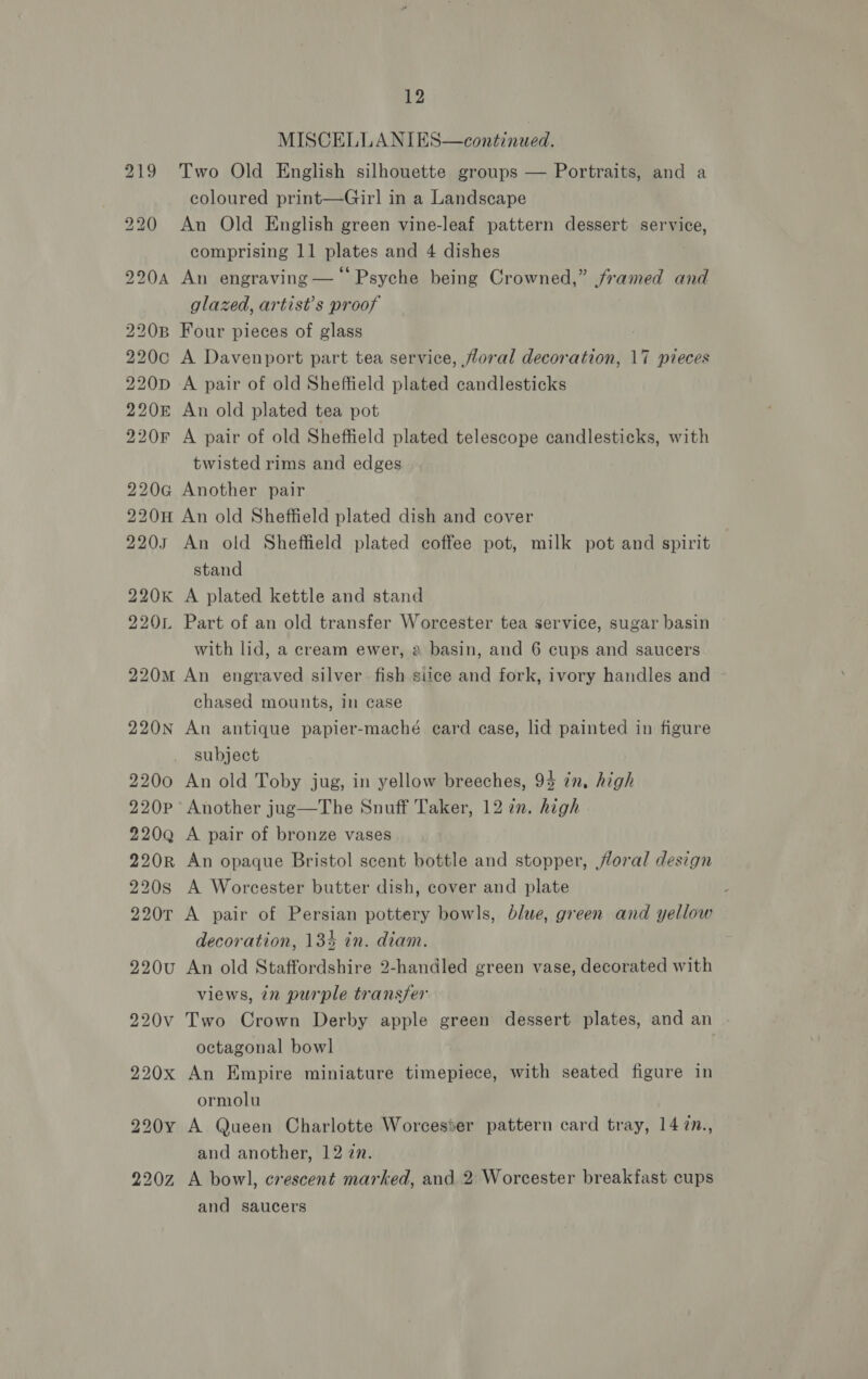 MISCELLANIES—continued. 219 Two Old English silhouette groups — Portraits, and a coloured print—Girl in a Landscape 220 An Old English green vine-leaf pattern dessert service, comprising 11 plates and 4 dishes 2204 An engraving —‘‘ Psyche being Crowned,” framed and glazed, artist’s proof 20B Four pieces of glass | 220c A Davenport part tea service, floral decoration, 17 pieces 220D A pair of old Sheffield plated candlesticks 220e An old plated tea pot 220F A pair of old Sheffield plated telescope candlesticks, with twisted rims and edges 220G Another pair 220H An old Sheffield plated dish and cover 220s An old Sheffield plated coffee pot, milk pot and spirit stand 220k A plated kettle and stand 2201 Part of an old transfer Worcester tea service, sugar basin with lid, a cream ewer, a basin, and 6 cups and saucers 220m An engraved silver fish siice and fork, ivory handles and - chased mounts, in case 220N An antique papier-maché card case, lid painted in figure subject 2200 An old Toby jug, in yellow breeches, 94 in, high 220P Another jug—The Snuff Taker, 12 7n. high 220Q A pair of bronze vases 220R An opaque Bristol scent bottle and stopper, floral design 220s A Worcester butter dish, cover and plate 220T A pair of Persian pottery bowls, blue, green and yellow decoration, 13% in. diam. 220u An old Staffordshire 2-handled green vase, decorated with views, in purple transfer 220v Two Crown Derby apple green dessert plates, and an - octagonal bowl | 220x An Empire miniature timepiece, with seated figure in ormolu 220y A Queen Charlotte Worcester pattern card tray, 14 7n., and another, 12 7m. 220z A bowl, crescent marked, and 2 Worcester breakfast cups and saucers