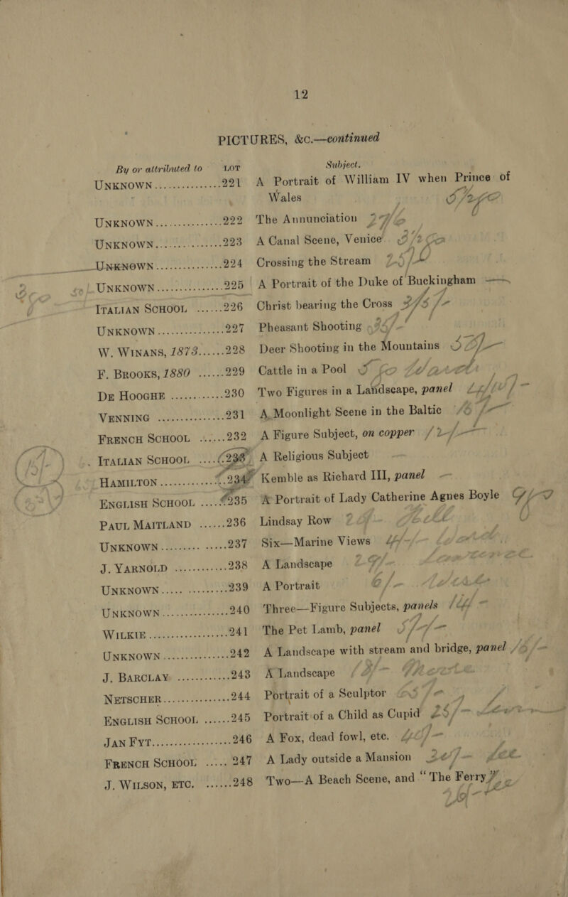 PICTURES, &amp;c.—continued | By or attributed to LOT Subject. UNKNOWN:,.6.ee hog 991 A Portrait of William IV when Prince of ji Wales ! } | Sp oO UNENOWD o55 oc cee coe 922 The Annunciation Z 7, Z if UNKNOWN....... We Pe by 923 A Canal Scene, Vointdel 3/2 Co ___—- UNKNOWN ....-- eee eee 924 Crossing the Stream vay LL TINK NOW ili se res >: 225 A Portrait of the Duke of ‘Buckingham —, ITALIAN SCHOOL ..... | 226 Christ bearing the Cross FY 1S {7 UNKNOWN ...0.00 00 450:- 227 Pheasant Shooting / Man W. WINANS, 1873...... 398 Deer Shooting in the Mountains 2 OL—- F. Brooks, 1880 ...... 229 Cattle ina Pool S fo Zea oth DE HOOGHE 2.5i....-:5. 230 Two Figures in a Lafidseape, panel L pf te ] ay Wend aoe a ae 931 A Moonlight Scene in the Baltie “© La FRENCH SCHOOL ......232 A Figure Subject, on copper / f- : . ITALIAN SCHOOL Bet A Religious Subject | HAMILTON 2.005. 5000 Rs 234 Kemble as Richard III, panel ENGLISH SCHOOL ~ B35 X&amp; Portrait of Lady gone Agnes Boyle Oro PAUL MAITLAND .....- 936 Lindsay Row 7* <) (EF | 6 UNKNOWN ......-0- e205 237 Six—Marine Views “- ol: T. VARMOLID nie --c0e yes 938 A Landscape 2-7 ) UNKNOWN ..... ee eee eee 239 A Portrait | e /. ~ Ab tate UNKNOWN.....-0 000 0nveee 940 Three—Figure Subjects, iy LL or WHGKUE sues ocss eng 241 The Pet Lamb, panel V if 7 ws UNKNOWN ...... cee eeeees 942 A Landscape with stream and bridge, panel J BARCLAW). 2.062. tnn 943 A Landscape , a>. GR fest : NETSCHER.......:.-++++ 244 Portrait of a Soulpter c na 7 ENGLISH SCHOOL ...... 245 Portrait of a Child as Cupid 25/ MOAI Ce prnnanenn Tan ERT. | oc ieee testa 246 <A Fox, dead fowl, ete. Ye ron. FRENCH SCHOOL ..... 947 A Lady outside a Mansion 2 a ] sw fet. J. WILSON, ETC. ....-- 248 Two—A Beach Scene, and * “The Ferry hex TAG < i