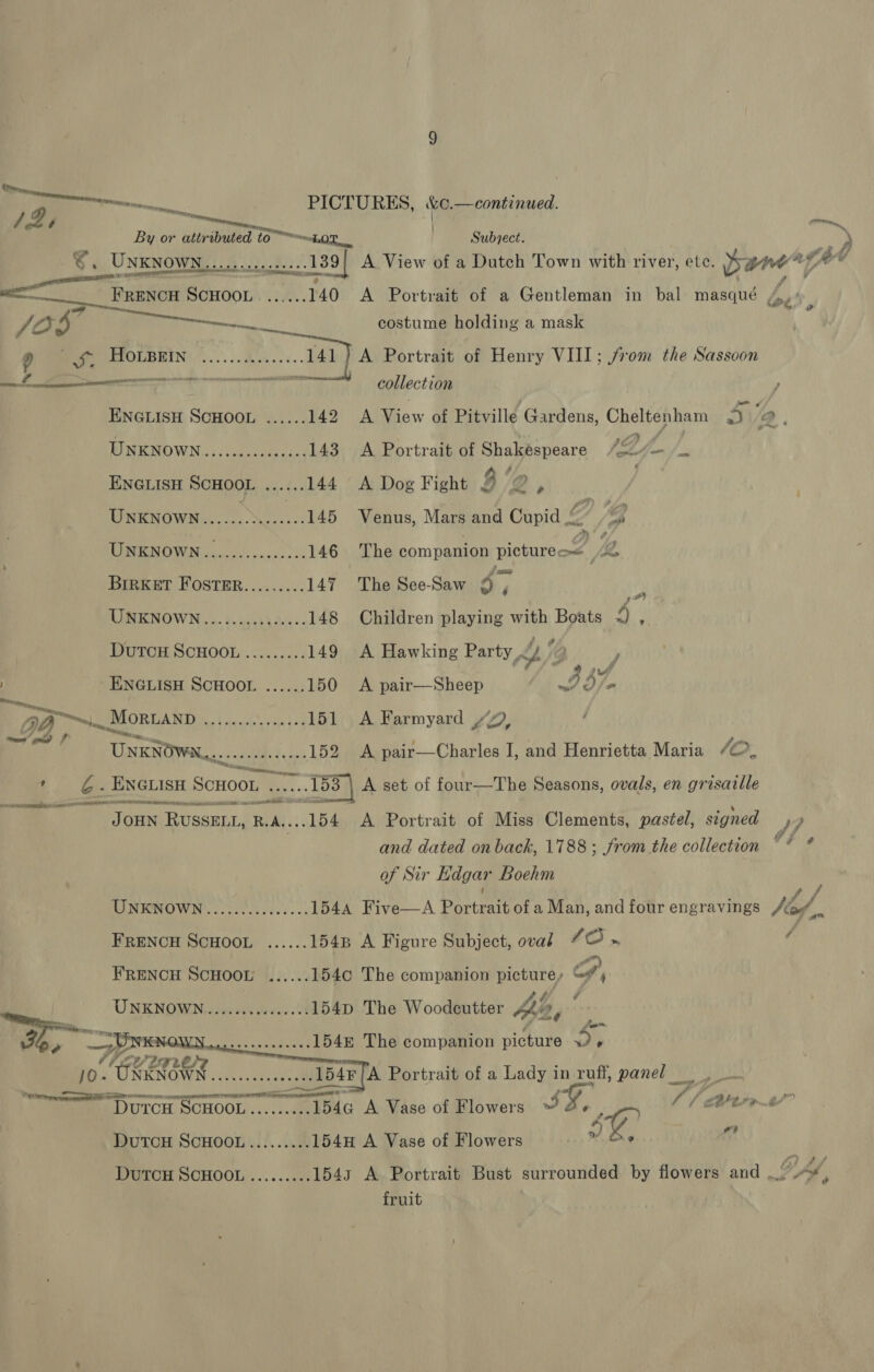 j , a PICTURES, &amp;¢.—continued. Fd ne ii By or attributed to oe | Subject. ys » &lt;. UNKNOWN... ame? 139) A View of a Dutch Town with river, ete. pane: % ital of aon ScHOOL.......140 A Portrait of a Gentleman in bal masqué bc’, eae    Jo Ce a ee costume holding a mask p) See POUBEING 7.0... Ku0... = A Portrait of Henry VIII; jrom the Sassoon ee aezaiyn e Pay eeeegs collection , ENGLISH SCHOOL ...... 142 A View of Pitville Gardens, Cheltenham * ‘e ) PINKNOWN.,,:..04.0:é005-: 143 A Portrait of Shakespeare 1G f i ENGLISH SCHOOL ...... 144 A Dog Fight 3 ‘O m : UNKNOWN «0.0. gos 145 Venus, Mars and Cupid ? RENOWN ool sc sc oss 146 The companion mepites of Dy | Brrker Fosrmr.........147 The SeeSaw 9, e AINE NOW 0. d&lt; esrb 4 dues. 148 Children playing with Boats 4 ; DutcH SCHOOL ......... 149 A Hawking Party a ENGLISH SCHOOL ...... 150 A pair—Sheep ! 3 57. wy) 7) a PO RIAT UM. Vow cies aes aa 151 A Farmyard “77, UNKNOWN... eee ee 152 &lt;A pair—Charles I, and Henrietta Maria 10. ’ G- BNGLISH Se oGth Joo A set of four—The Seasons, ovals, en grisatlle : ee JouNn RUSSELL, B.A....154 A Portrait of Miss Clements, pastel, signed 4 and dated on back, 1788; from the collection hin, of Sir Edgar Boehm UNKNOWN .............:. 154A Five—A Hate of a Man, and four engravings hho... FRENCH ScHOOL ......154B A Figure Subject, oval 7O » 4 FRENCH SCHOOL ...... 154c The companion picture, oS, , UNE NOMEN So AN ean 4 154pD The Woodcutter Ae, : i a SE eee ek 1548 The companion picture és) 10- GREY RN PO | .- L54P F/A Portrait of a Lady in ruff, panel Aaa SoP—DUICH SCHOOL aoa A Vase of Flowers JIB, ; Of errs?” DutoH ScHOOL......... 154H A Vase of Flowers 5%, fi DUTCH SCHOOL ......... 1543 A Portrait Bust surrounded by flowers and GAL, fruit