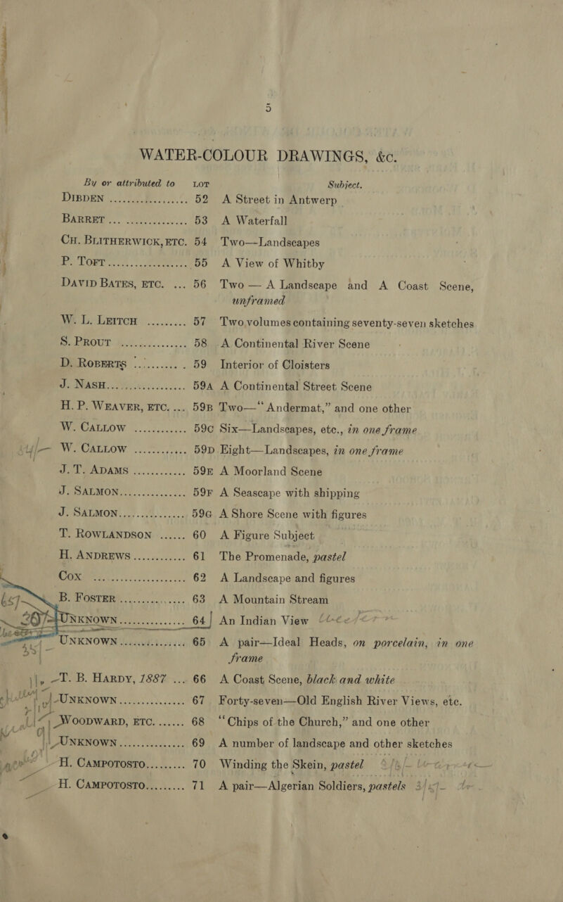 Sal diddtttin” tte om. Tee WATER-COLOUR DRAWINGS, &amp;c. By or attributed to LOT Subject. SUEDEN 7) eee te, 52 A Street in Antwerp Jaya s 8a Ae ee a 53 <A Waterfall Cu. BLITHERWICK,ETC. 54 Two—Landscapes Br LORI. ee 55 <A View of Whitby Davip BaTEs, ETC. ... 56 Two — A Landseape and A Coast Scene, | unframed We DS LMTCH. .......:. 57 Two volumes containing seventy-seven sketches Bre RROUT Bo, oie. 65 oc. 58 .A Continental River Scene ERVROBERTS .......... . 59 Interior of Cloisters ASE Sa) 594 A Continental Street Scene | H. P. WEAVER, ETC. ... 598 Two—“ Andermat,” and one other MYROARLOW © ......-0:.. 59c Six—Landseapes, etc., in one Jrame } yl WYCALEOW .2. >... 59D Eight— Landscapes, in one frame Sarl @ADAMS v....<..c<.:. 59k A Moorland Scene Wie AMONG! 602. 59F A Seascape with shipping WD VADALMON: 7. 4)... 0. 59G A Shore Scene with figures T. ROWLANDSON ...... 60 A Figure Subject H. ANDREWS. ............ 61 The Promenade, Ae A Landscape and figures A Mountain Stream An Indian View ‘¢-¢<¢ a epee Feayitdeorase 65 A pair—Ideal Heads, on porcelain, in one 35) Frame \|, -T. B. Harpy, 7887 ... 66 A Coast Scene, black and white  el eUUNKNOWN .....:..2...... 67 Forty-seven—Old English River Views, etc. ip Li) Woopwarp, PEO cinta es 68 “Chips of the Church,” and one other a . ._ Unknown Np i a? 69 A number of landscape and other a: Ae ye ~H. CAMPOTOSTO......... 70 Winding the Skein, pastel H. CAMPOTOSTO......... (a tery: pair— Algerian Soldiers, Duspeuen 3 F on as.