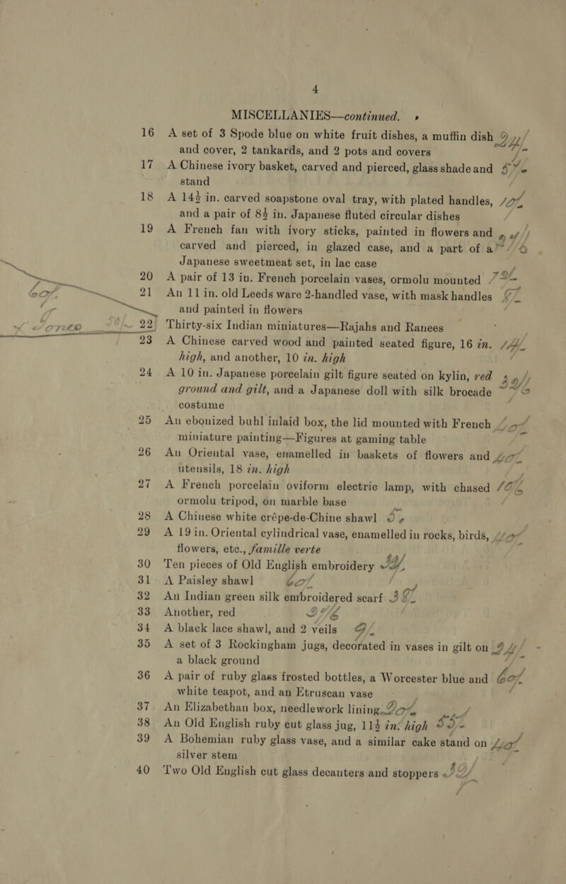 + MISCELLANIES—continued. » A set of 3 Spode blue on white fruit dishes, a muffin cies / and cover, 2 tankards, and 2 pots and covers fi A Chinese ivory basket, carved and pierced, glass shade and 5 Yi stand A 14% in. carved soapstone oval tray, with plated handles, Jon, and a pair of 84 in. Japanese fluted circular dishes A French fan with ivory sticks, painted in flowers and 9 of |) carved and pierced, in glazed case, and a part of a /'9 Japanese sweetmeat set, in lac case y, A pair of 13 in. French porcelain vases, ormolu mounted Voy iad An 11 in. old Leeds ware 2-handled vase, with mask handles yf and painted in flowers Thirty-six Indian miniatures—Rajahs and Ranees A Chinese carved wood and painted seated figure, 16 in. Hye high, and another, 10 zn. high A 10 in. Japanese porcelain gilt figure seated on kylin, red o// ground and gilt, and a Japanese doll with silk brocade X% costume { An ebonized buhl inlaid box, the lid mounted with French ~ at miniature painting—Figures at gaming table is An Oriental vase, enamelled in baskets of flowers aud Za utensils, 18 zn. high A French porcelain oviform electric lamp, with chased SO. ormolu tripod, on marble base Xs A Chinese white crépe-de-Chine shawl © » A 19 in. Oriental cylindrical vase, enamelled in rocks, birds, // Of flowers, etc., famille verte Ten pieces of Old toa embroidery JY, A Paisley shawl bo7 An Indian green silk embroidered scarf 39 gf Another, red CT Y//4 A black lace shawl, and 2 veils é A set of 3 Rockingham jugs, decorated in vases in gilt on 2 4/, a black ground A pair of ruby glass frosted bottles, a Worcester blue and bod white teapot, and an Etruscan vase An Elizabethan box, needlework lining Zo An Old English ruby cut glass jug, 114 in: high S50 - A Bohemian ruby glass vase, and a similar cake stand on hal silver stem Two Old English cut glass decanters and stoppers JIG ‘s