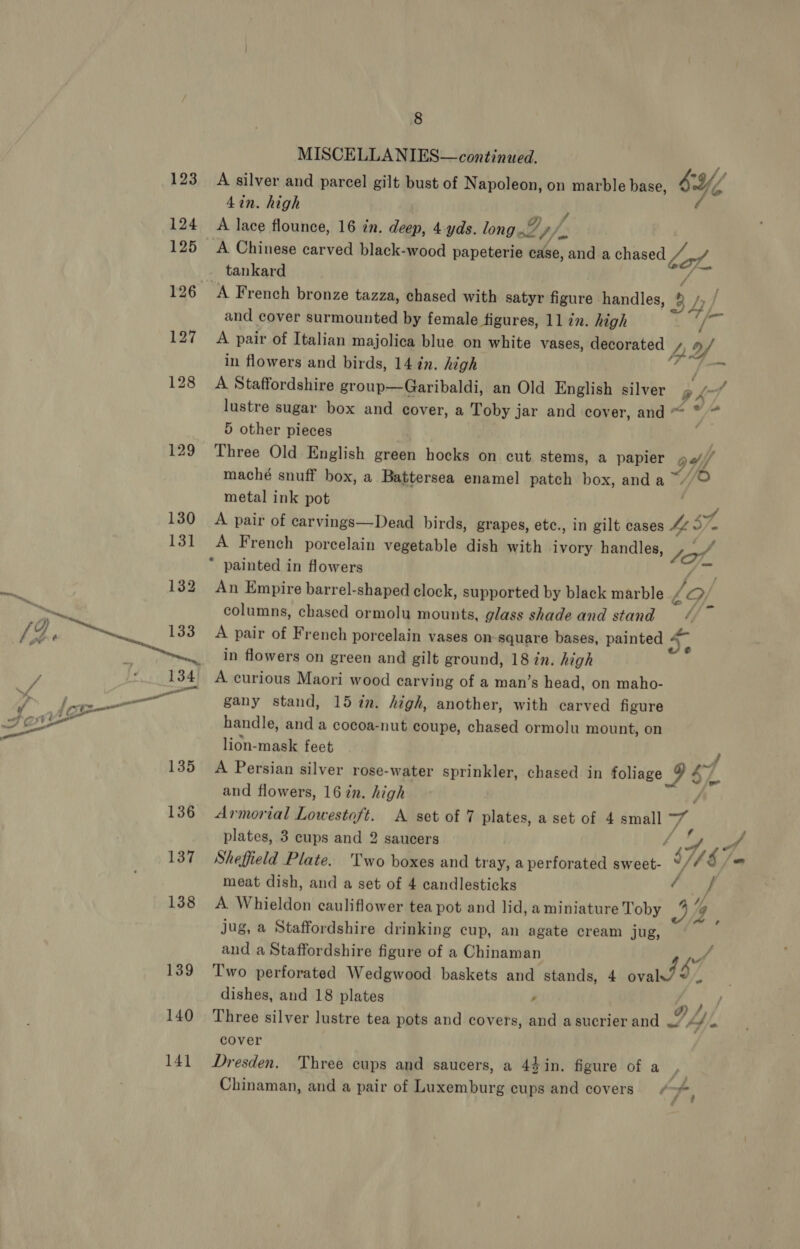 129 140 141 8 MISCELLANIES—continued. A silver and parcel gilt bust of Napoleon, on marble base, bY. 4in. high A lace flounce, 16 in. deep, 4-yds. long L ph. A Chinese carved black-wood papeterie case, and a chased be on. tankard A French bronze tazza, chased with satyr figure handles, 32 ] and cover surmounted by female figures, 11 in. high vo. A pair of Italian majolica blue on white vases, decorated /, . ae in flowers and birds, 14 in. high mm A Staffordshire group—Garibaldi, an Old English silver pA tneef. lustre sugar box and cover, a Toby jar and cover, and “ : 48 5 other pieces Three Old English green hocks on cut stems, a papier a+ f/ maché snuff box, a Battersea enamel patch box, anda ~~” © metal ink pot ‘y A pair of carvings—Dead birds, grapes, etc., in gilt cases hs ° A French porcelain vegetable dish with ivory handles, to. * painted in flowers An Empire barrel-shaped clock, supported by black marble / columns, chased ormolu mounts, glass shade and stand A pair of French porcelain vases on square bases, painted in flowers on green and gilt ground, 18 in. high A curious Maori wood carving of a man’s head, on maho- gany stand, 15 tn. high, another, with carved figure handle, and a cocoa-nut coupe, chased ormolu mount, on lion-mask feet A Persian silver rose-water sprinkler, chased in foliage 6 SZ and flowers, 16 in. high Armorial Lowestoft. A set of 7 plates, a set of 4 small A plates, 3 cups and 2 saucers Sheffield Plate. Two boxes and tray, a perforated sweet- ry, meat dish, and a set of 4 candlesticks / A Whieldon cauliflower tea pot and lid, a miniature Toby J 4g jug, a Staffordshire drinking cup, an agate cream jug, and a Staffordshire figure of a Chinaman aa Two perforated Wedgwood baskets and stands, 4 PT LY, na oe dishes, and 18 plates , Three silver lustre tea pots and covers, and asucrierand . Dy). cover Dresden. Three cups and saucers, a 44 in. figure of a Chinaman, and a pair of Luxemburg cups and covers. ¢ r 4