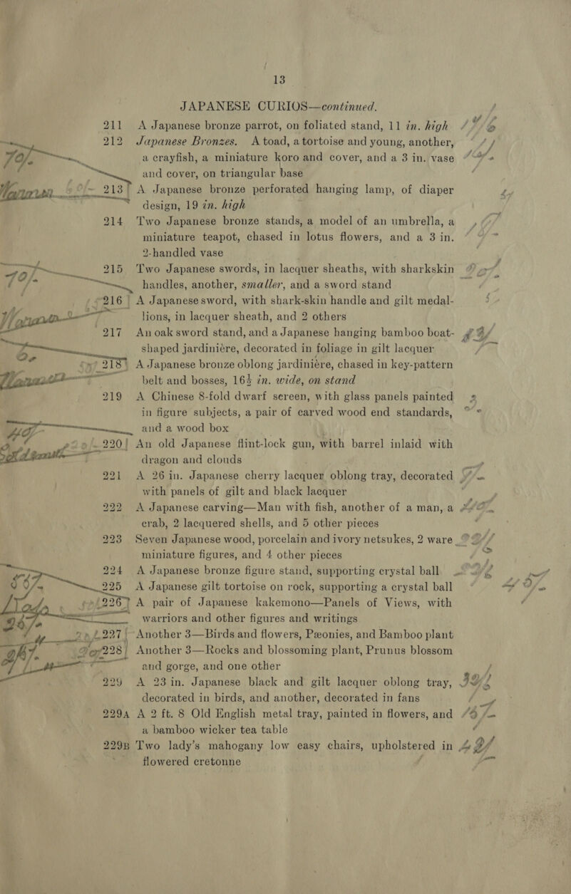 JAPANESE CURIOS—continued. 211 &lt;A Japanese bronze parrot, on foliated stand, 11 zn. high 212 Japanese Bronzes. A toad, a tortoise and young, another, 7a7—~ a crayfish, a miniature koro and cover, and a 3 in. vase and cover, on triangular base Vera. 6 0of- 213) A Japanese bronze perforated hanging lamp, of diaper “design, 19 in. high 914 'Two Japanese bronze stands, a model of an umbrella, a miniature teapot, chased in lotus flowers, and a 3 in. 2-handled vase —— handles, another, smadler, and a sword stand 216 &lt;A Japanesesword, with shark-skin handle and gilt medal- Wy DL lions, in lacquer sheath, and 2 others — 217 + Anoaksword stand, and a Japanese hanging bamboo boat- ‘OF ee shaped jardiniére, decorated in foliage in gilt lacquer ee ~y/ 218° A Japanese bronze oblong jardiniére, chased in key-pattern (i “ef belt and bosses, 164 in. wide, on stand 219 &lt;A Chinese 8-fold dwarf screen, with glass panels painted in figure subjects, a pair of carved wood end standards, ence en AY MMS Nees and a wood box | 220! An old Japanese flint-lock gun, with barrel inlaid with Sed pens 7... : dragon and clouds 221 A 26 in. Japanese cherry lacquer oblong tray, decorated with panels of gilt and black lacquer 222 &lt;A Japanese carving—Man with fish, another of a man, a crab, 2 lacquered shells, and 5 other pieces miniature figures, and 4 other pieces oo 224 &lt;A Japanese bronze figure stand, supporting erystal ball 7, —~»: 225 &lt;A Japanese gilt tortoise on rock, supporting a crystal ball &gt; A pair of Japanese kakemono—Panels of Views, with warriors and other figures and writings »~ Another 3—Birds and flowers, Peonies, and Bamboo plant | Another 3—Rocks and blossoming plant, Prunus blossom and gorge, and one other  decorated in birds, and another, decorated in fans 2294 A 2 ft. 8 Old English metal tray, painted in flowers, and «a bamboo wicker tea table flowered cretonne