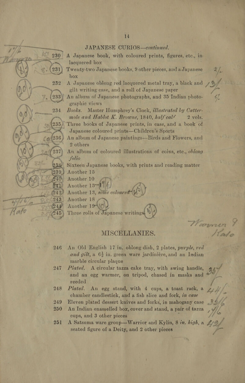 14 JAPANESE CURIOS—continued. A Japanese book, with coloured prints, figures, etc., in lacquered box Twenty-two Japanese books, 9 other pieces, and a Japanese 3h. box } A Japanese oblong red lacquered metal tray, a black and 19f eilt writing: case, and a roll of Japanese paper Mees 3) An album of Japanese photographs, and 35 Indian photo- 47 graphie views Books. Master Humphrey’s Clock, ¢llustrated by Catter- mole and Hablot K. Browne, 1840, half cal? 2 vols. »’Three books of Japanese prints, in case, and a book of ~ Japanese coloured prints—Children’s Sports » An album of Japanese paintings—Birds and Flowers, and 2 others An album of coloured illustrations of coins, ete., oblong Solio _ Sixteen Japanese books, with prints and reading matter j Another 15 Another 10 ekeineigis 15 We) IN “ff aes + Another 13, some colour PY V EE &gt; |. Another 18 ey ~ Another 12 NOY ‘hree rolls of Japanese writing: P44 ‘yl 0? CEP Brett # MISCELLANIES. Sho 7 oS  os 246 An Old English 17 in. oblong dish, 2 plates, peple, red and gilt, a 6% in. green ware jardiniére, and an Indian marble circular plaque 247 Plated. A circular tazza cake tray, with swing handle, 38 J and an egg warmer, on tripod, chased in masks and f reeded / 248 Plated. An egg stand, with 4 cups, a toast rack, a sy / chamber candlestick, and a fish slice and fork, zn case : 249 Eleven plated dessert knives and forks, in mahogany case _* Og) 250 An Indian enamelled box, cover and stand, a pair of tazza A// a cups, and 3 other pieces VA rE 251 A Satsuma ware group—Warrior and Kylin, 8 én. high, a 42f