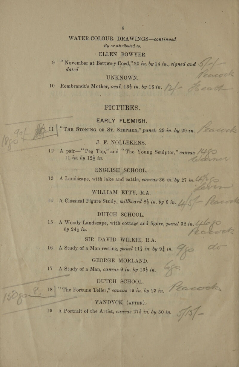 10 13 4 WATER-COLOUR DRAWINGS—continued. By or attributed to. * ELLEN BOWYER. UNKNOWN. Rembrandt’s Mother, oval, 134 in. by 16 in. PICTURES. EARLY FLEMISH. . “Tur STonING or Sr. STEPHEN,” panel, 29 in. by 29 in. J. F. NOLLEKENS. ENGLISH SCHOOL. WILLIAM ETTY, R.A. A Classical Figure Study, millboard 84 in. by 6 in. Lhs DUTCH SCHOOL. by 244 tn. &amp;M#G SIR DAVID WILKIE, R.A. A Study of a Man resting, panel 11¢ in. by 94 in. GEORGE MORLAND. A Study of a Man, canvas 9 in. by 134 in. a DUTCH SCHOOL. 7 ‘The Fortune Teller,” canvas 19 in. by 23 in. VANDYCK (arrer).. A Portrait of the Artist, canvas 273 in. by 30 in. fs)