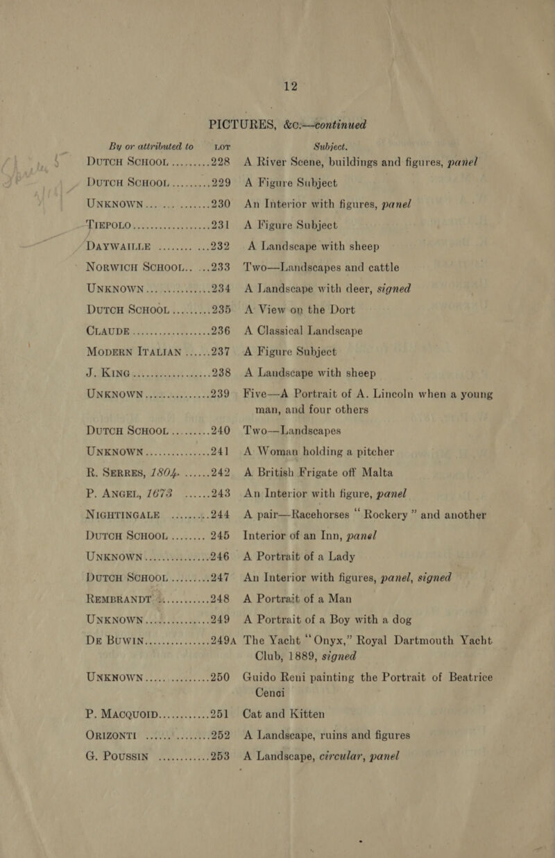 By or attributed to LOT DuTCH SCHOOL......... 228 DUTCH SCHOOL......... 229 1) NEN GIN codecs bane siee 04 230 TPUPOLO eth acaa tans 231 DAWA ATLUN oii sc cas ne 232 NORWICH SCHOOL.. ... 233 UNKNOWN.............5- 234 DutcH SCHOOL......... 235 CLE yp ry ope a: ak 236 MopDERN ITALIAN ...... 237 J ENT GUN aes ApS ages + 238 UNKNOWN ,..0.0.....000. 239 DuTCH SCHOOL ......... 240 1) NEGA ak... da sera 241 R. SERRES, 7804. ...... 242 P NOR Oa: eet 243 NIGHTINGALE ......... 244 DUTCH SCHOOL ........ 245 UNKNOWN.....0......00. 246 DUTCH SCHOOL ......... 247 REMBRANDT %:.......... 248 UNKNOWN ..G2.d...55.- 249 0 8, OU WAR waives Secs 09 249A UNKNOWN.....,......... 250 Ps SR OOUGE. rt bor. 251 ORIZONTIN OS, Ai 252 Gh. POUSSIO Ao ..csi30 253 Subject. A River Scene, buildings and figures, panel A Figure Subject An Interior with figures, panel A Figure Subject A Landscape with sheep Two—Landscapes and cattle A Landscape with deer, szgned A View on the Dort A Classical Landscape A Figure Subject A Landscape with sheep Five—A Portrait of A. Lincoln when a young man, and four others Two—Landscapes A Woman holding a pitcher A British Frigate off Malta An Interior with figure, panel A pair—Racehorses “ Rockery ” and another Interior of an Inn, panel A Portrait of a Lady An Interior with figures, panel, signed A Portrait of a Man A Portrait of a Boy with a dog The Yacht “Onyx,” Royal Dartmouth Yacht Club, 1889, szgned Guido Reni painting the Portrait of Beatrice Cenci Cat and Kitten A Landseape, ruins and figures A Landscape, czrcular, panel