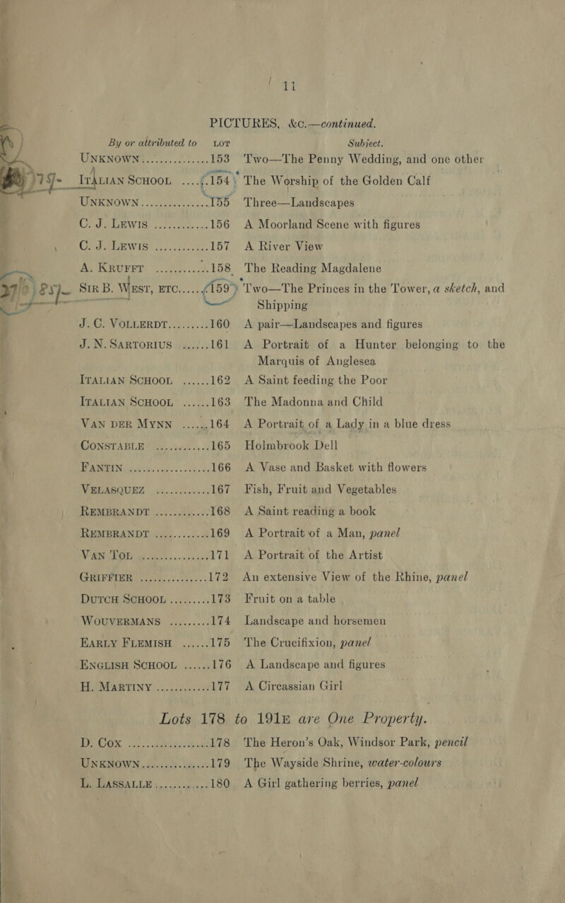 a q V4 \ 2X — Fea By or attributed to Lor er PA GOVORLERDT ares. 2 160 J. N.SARTORIUS ....... 161 ITALIAN SCHOOL ...... 162 ITALIAN SCHOOL: ...... 163 VAN DER Mynn .....,. 164 CONSTABLEY a... nes. 6 165 MEN 8 Bo ass. wee sate 166 TMMBEABQUEZ, sf... 2.00 42 167 REMBRANDT ............ 168 REMBRANDT ...........: 169 VMN COE gt tera. wcasse nae 171 CPRRUR EA hie carte vs 3). 172 DUTCH SCHOOL ......... 173 WOUVERMANS ......... 174 EARLY FLEMISH ...... 175 ENGLISH SCHOOL ...... 176 PU RNERETINY: 5 octane 28 et UNENOWNG 2 ou. ete. nce 153 _Trkrian Scwoon ....(.154\ UNKNOWN «0.00000... 188 Ree SLY Tide 3 20 eee oe 156 Co ME WSs cin cen ssh L57 Wie AUER Sods 1158. Subject. Two—The Penny Wedding, and one other The Worship of the Golden Calf Three—Landscapes A Moorland Scene with figures A River View The Reading Magdalene Two—The Princes in the Tower, a sketch, and Shipping A pair—Landscapes and figures A Portrait of a Hunter belonging to the Marquis of Anglesea A Saint feeding the Poor The Madonna and Child A Portrait of a Lady in a blue dress Holmbrook Dell A Vase and Basket with flowers Fish, Fruit and Vegetables A Saint reading a book A Portrait ‘of a Man, panel A Portrait of the Artist An extensive View of the Rhine, panel Fruit on a table Landscape and horsemen The Crucifixion, pane/ A Landscape and figures A Circassian Girl ProCrOx oo, . ans 178 The Heron’s Oak, Windsor Park, pencil