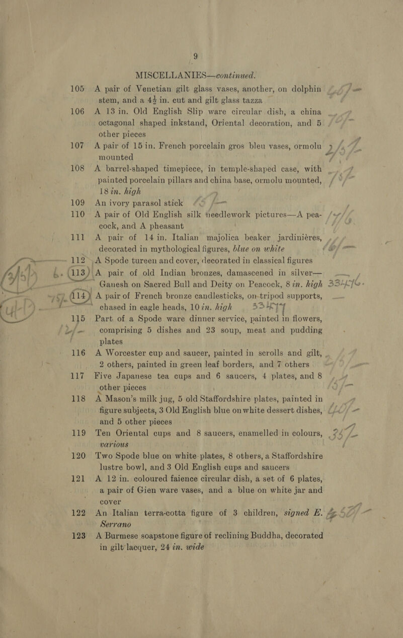 105 106 107 108 109 110 111 a, 115 L/- 116 117 118 119 120 121 122 123 9 MISCELLANIES—continued. A pair of Venetian gilt glass vases, another, on dolphin stem, and a 44 in. cut and gilt glass tazza A 13 in. Old English Slip ware circular dish, a china octagonal shaped inkstand, Oriental decoration, and 5 other pieces A pair of 15 in. French porcelain gros bleu vases, ormolu &gt; mounted A barrel-shaped timepiece, in temple-shaped case, with painted porcelain pillars and china base, ormolu mounted, 18 in. high } An ivory parasol stick ¢o fe A pair of Old English silk needlework pictures—A pea- cock, and A pheasant A pair of 14 in. Italian majolica beaker jardiniéres, decorated in mythological figures, blue on white (é A Spode tureen and cover, decorated in classical figures , Fore [4 ang chased in eagle heads, 107zn. high 5 thy Part of a Spode ware dinner service, painted in flowers, comprising 5 dishes and 23 soup, meat and pudding plates A Worcester cup and saucer, painted in scrolls and gilt, _ 2 others, painted in green leaf borders, and 7 others Five Japanese tea cups and 6 saucers, 4 plates, and 8 other pieces A Mason’s milk jug, 5 old Staffordshire plates, painted in figure subjects, 3 Old English blue on white dessert dishes, and 5 other pieces Ten Oriental cups and 8 saucers, enamelled in colours, various | Two Spode blue on white plates, 8 others, a Staffordshire lustre bowl, and 3 Old English cups and saucers A 12 in. coloured faience circular dish, a set of 6 plates, a pair of Gien ware vases, and a blue on white jar and cover Serrano A Burmese soapstone figure of reclining Buddha, decorated = 3%