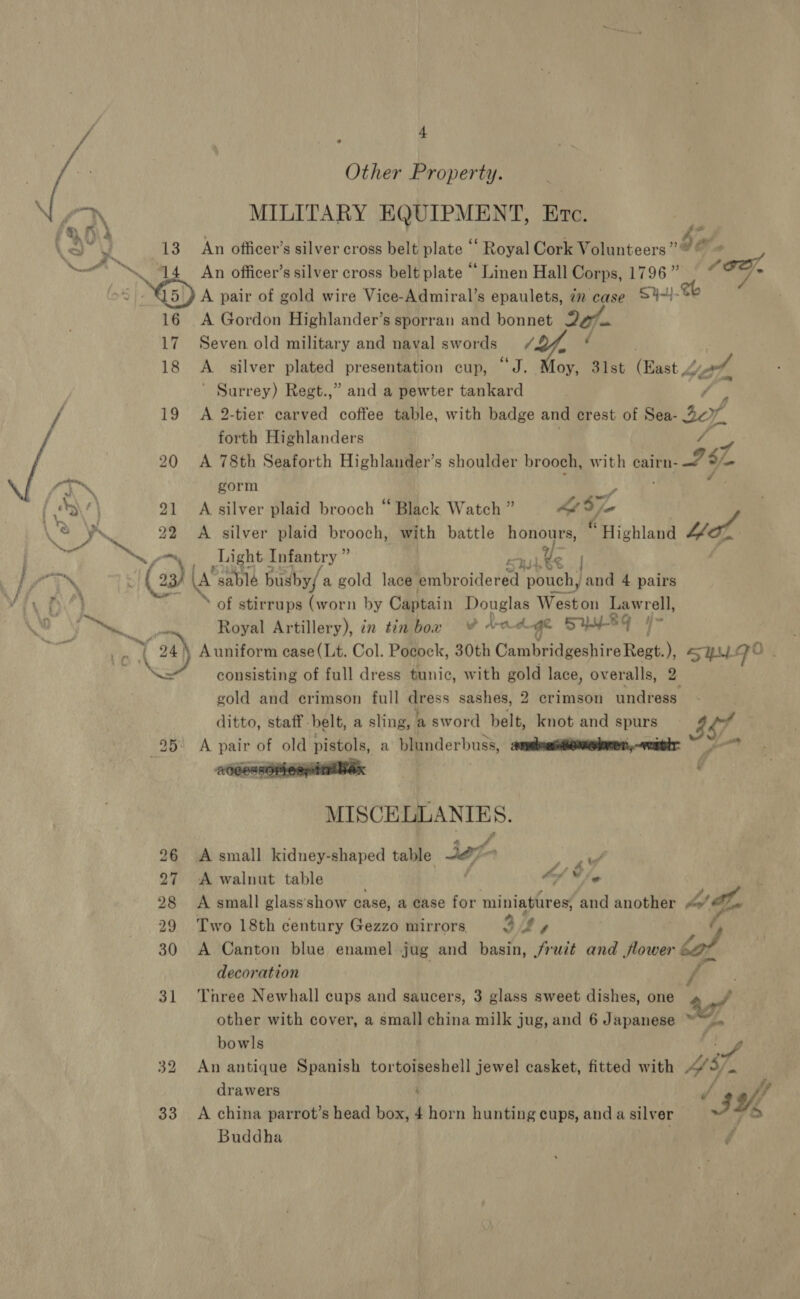 e Other Property. 4 e\ MILITARY EQUIPMENT, Evc. af rp La 13 An officer’s silver cross belt plate ‘‘ Royal Cork Volunteers” © * 44 An officer’s silver cross belt plate “ Linen Hall Corps, 1796” roe. (oy ND A pair of gold wire Vice-Admiral’s epaulets, in case =¥~I- 16 A Gordon Highlander’s sporran and bonnet 07. 17 Seven old military and naval swords Y ( 18 A silver plated presentation cup, “J. Moy, 31st (East 2 Vala ' Surrey) Regt.,” and a pewter tankard if 19 A 2-tier canted coffee table, with badge and crest of Sea- sof forth Highlanders 20 &lt;A 78th Seaforth Highlander’s shoulder brooch, with esitn, 292 -  cT™ gorm f : ty # 21 A silver plaid brooch “ Black Watch ” “Ve Ye Bae 22 A silver plaid brooch, with battle honours, “Highland bot aw A Light Infantry ” 11, €E | eS as : ( 2 23) A’ sable busby/ a gold lace biAGroidetet pouch) and 4 pairs an Dy ; i of stirrups (worn by Captain Douglas Weston Lawrell, 0 5 ae Royal Artillery), in tinboxw Aad g SUy-8q rr ie 24) Auniform case(Lt. Col. Pocock, 30th CombridgeshireRogt), SYo . consisting of full dress tunic, with gold lace, overalls, gold and crimson full oe sashes, 2 crimson ak ditto, staff -belt, a sling, ‘a sword belt, knot and spurs SZ 125% A bate of old pistols, a blunderbuss, csmileaitaiiiaesdemen, math: -_  MISCELLANIES. 6 M 26 Asmall kidney-shaped table ADI Lb us 27 A walnut table 4 Af Vie 28 A small glass’show case, a case for mainiagires and another Ze 29 Two 18th century Gezzo mirrors. v 4 is 6 é 30 A Canton blue enamel jug and basin, fruit and pe? decoration 4 &gt; 31 'Tnree Newhall cups and saucers, 3 glass sweet dishes, one tf other with cover, a small china milk jug, and 6 Japanese ~~. 33 A china parrot’s head box, 4 horn hunting cups, anda silver Buddha é bowls i 32 An antique Spanish tortoiseshell jewel casket, fitted with 4k oY on drawers ; PAPE. g S