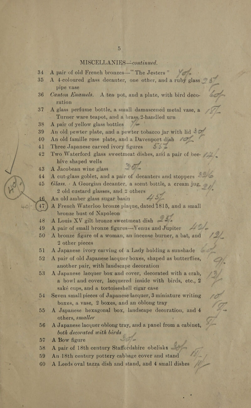  54 55 56 57 58 59 MISCELLAN TES—continued A pair of old French bronzes—‘‘ The Jesters” ert A 4-coloured glass decanter, one other, and a ruby glass °” ay pipe vase Canton Enamels. A tew pot, and a plate, with bird deco- ration a Turner ware teapot, and a brass, 2-handled urn A pair of yellow glass bottles An old pewter plate, and a pewter tobacco jar With lid “ tof An old famille rose plate, and a Davenport dish (OZ, Three Japanese carved ivory figures $5 o . Two Waterford glass sweetmeat dishes, and a pair of bee- . , hive shaped wells oan A Jacobean wine glass vc hfe A cut-glass goblet, and a pair of decanters and stoppers ~~ @ Glass. - A Georgian decanter, a scent bottle, a cream jug, 2 old custard glasses, and 2% others we . wr ty: An old amber glass sugar basin Ps, oy - A French Waterloo bronze plaque, dated 1815, and a small bronze bust of Napoleon Pez A Louis XV gilt bronze sweetmeat dish eo ys A pair of small bronze figures—Venus and Jupiter Jd Sh we A bronze figure of a woman, an incense burner, a bat, and 7% DS 2 other pieces A Japanese ivory carving of a Lady holding a sunshade another pair, with landscape decoration A Japanese lacquer box and cover, decorated with a crab, a bowl and cover, lacquered inside with birds, etc., 2 saké cups, and a tortoiseshell cigar case Seven small pieces of Japanese lacquer, 3 miniature writing &lt;&lt; boxes, a vase, 2 boxes, and an oblong tray A Japanese hexagonal box, landscape decoration, and 4 others, smaller Tu A Japanese lacquer oblong tray, and a panel from a cabinet, both decorated with birds A Bow figure . iio An.18th century pottery cabbage cover and stand fo