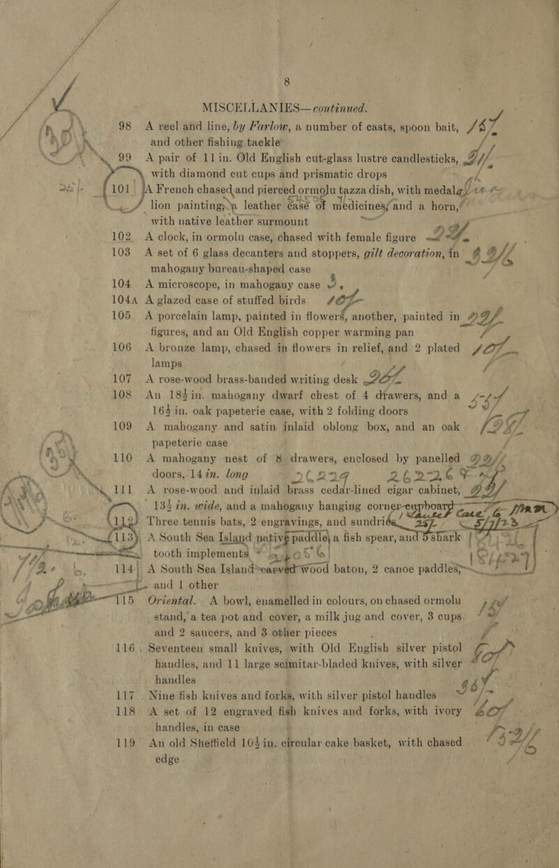    bs 114}  15 117 118 119 8 MISCELLANIES— continued. | | A reel and line, by Farlow, a number of casts, spoon bait, Wy A and other fishing tackle A pair of 1lin. Old English cut-glass lustre candlesticks, .% /, with diamond cut cups and prismatic drops . dé A French si: cae pierced ormolu tazza dish, with ‘iia lee tO Most with native leather surmount ys A clock, in ormolu case, chased with female figure 2Y. , Rad A set of 6 glass decanters and stoppers, gi/t decoration, in’ | Yo mahogany bureau-shaped case A microscope, in mahogany Case w ¢ A glazed case of stuffed birds 74 A porcelain lamp, painted in nt painted in LY, figures, and an Old English copper warming pan A bronze lamp, chased in flowers in relief, and 2 plated Jol. lamps A rose-wood brass-banded writing desk ck QOL f An 18%in. mahogany dwarf chest of 4 drawers, and a SH 164 in. oak papeterie case, with 2 folding doors A’ mahogany and satin inlaid oblong box, and an oak (2% Gf. papeterie case A mahogany nest of &amp; drawers, enclosed by panelled QU, doors, 147n. long RF: 26226 al a A rose-wood and inlaid brass cedar-lined cigar cabinet, @  Three tennis bats, 2 engravings, and sundri ’ Oriental. A bowl, enamelled in colours, on chased ormolu - stand, a tea pot and cover, a milk jug and cover, 3 cups , and 2 saucers, and 3 other pieces Seventeen small knives, with Old English silver pistol lef handles, and 11 large seimitar-bladed knives, with silver handles é Nine fish knives and fox, with silver pistol handles A set of 12 engraved fish knives and forks, with ivory oe handles, in case An old Sheftield 103 in. obonlar cake basket, with chased fe ‘4 edge
