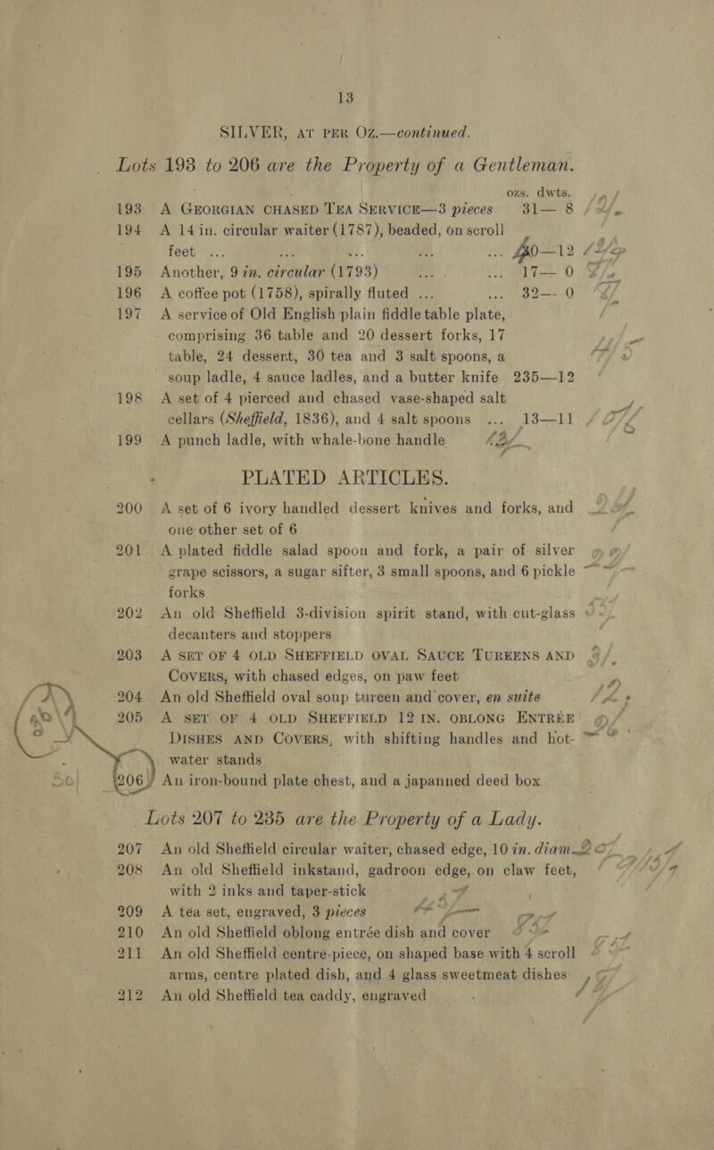 SILVER, at PER Oz.—continued. 193 194 195 196 197 198  ozs. dwts. P A Chon niet CHASED TEA SERVICE—3 pteces 31— 8 / »/, A 14 in. circular waiter (1787), beaded, on scroll : feet... ve ia Bo-12 Lie Another, 9 7n. ‘tidus (1793) ta erg Wea te A coffee pot (1758), spirally fluted ... Secu: bey A service of Old English plain fiddle table plate, comprising 36 table and 20 dessert forks, 17 table, 24 dessert, 30 tea and 3 salt spoons, a soup ladle, 4 sauce ladles, and a butter knife 235—12 A set of 4 pierced and chased vase-shaped salt cellars (Sheffield, 1836), and 4 salt spoons ... 13—11 A punch ladle, with whale-bone handle £3 A : PLATED ARTICLES. A set of 6 ivory handled dessert knives and forks, and one other set of 6 _ A plated fiddle salad spoon and fork, a pair of silver grape scissors, a sugar sifter, 3 small spoons, and 6 pickle forks 7 An old Sheffield 3-division spirit stand, with cut-glass » decanters and stoppers A SET OF 4 OLD SHEFFIELD OVAL SAUCE TUREENS AND CovERS, with chased edges, on paw feet An old Sheftield oval soup tureen and ‘cover, en suite be : A SET OF 4 OLD SHEFFIELD 12 1N. OBLONG ENTREE DISHES AND Covers, with shifting handles and _ hot- a ’ An iron-bound plate chest, and a japanned deed box An old Sheffield circular waiter, chased edge, 10 in. diam.£ © An old Sheffield inkstand, gadroon edge, on claw feet, with 2 inks and taper-stick oa A téa set, engraved, 3 pieces a Pot An old Sheffield oblong entrée dish and cover 2 ~* An old Sheffield centre-piece, on shaped base with 4 scroll arms, centre plated dish, and 4 glass sweetmeat dishes , © An old Sheffield tea caddy, engraved as