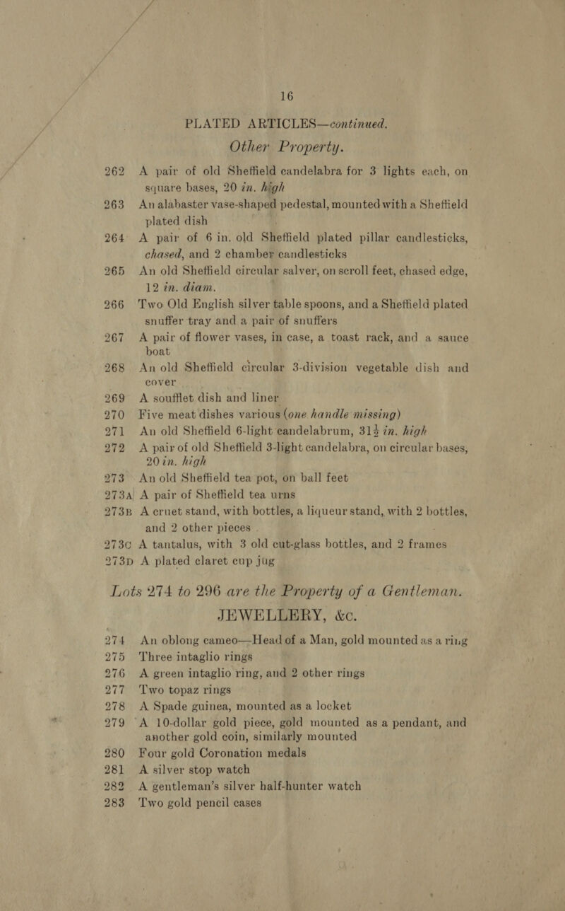 269 270 271 272 273 16 PLATED ARTICLES—continued. Other Property. A pair of old Sheffield candelabra for 3 lights each, on square bases, 20 én. high An alabaster vase-shaped pedestal, mounted with a Sheftield plated dish Yo A pair of 6 in. old Sheffield plated pillar candlesticks, chased, and 2 chamber candlesticks An old Sheffield circular salver, on scroll feet, chased edge, 12 in. diam. | Two Old English silver table spoons, and a Sheftield plated snuffer tray and a pair of snuffers A pair of flower vases, in case, a toast rack, and a sauce boat An old Sheffield circular 3-division vegetable dish and cover | A soufflet dish and liner Five meat dishes various (one handle missing) An old Sheffield 6-light eandelabrum, 314 én. high A pair of old Sheffield 3-light candelabra, on circular bases, 20 in. high An old Sheffield tea pot, on ball feet and 2 other pieces . 274 275 276 277 278 279 280 281 282 283 JEWELLERY, &amp;c. An oblong cameo—Head of a Man, gold mounted as a ring Three intaglio rings A green intaglio ring, and 2 other rings Two topaz rings | A Spade guinea, mounted as a locket another gold coin, similarly mounted Four gold Coronation medals A silver stop watch A gentleman’s silver half-hunter watch Two gold pencil cases
