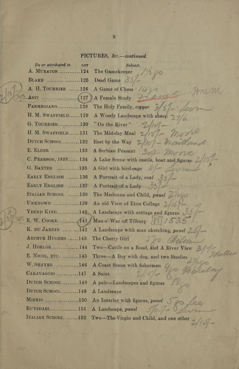 By or attributed to LOT Subject. , A. MURATON............ 124 The Gamekeeper : diese BEATER Mee, Behe Jy 125 Dead Game .° g q ) A. H. Tourrier --+.-126 A Game of Chess V i APS Asst ae 127 | A Female Study Yon res 7 j PARMEGIANO.......2..:. 128 The Holy Family, copper Wf 4 ) we \ Spy H. M. Swarria.p...... 129 A Woody Landscape with sheer ply / G. TPOURRIBR,....&lt;, 2.043 130 “On the River” ‘“L_fhiv/ — | H. M. SwaFFIELp...... 131 The Mid-day Meal 2// S/- W/, : _ DuTCH SCHOOL cas aia 132 Rest by the Way “7 i _ Ps BOL DUR oy Wiss cn 133 A Serbian Peasant 29 ep C. PEARSON, 7888...... 134 A Lake Scene with castle, boat und figuirde | ae Ses Sn ee ee 135 A Girl with bird-cage | | | ‘Earty ENGLISH ...... 136 A Portrait of a Lady, oval. .# 4 Fes HARLY ENGLISH ......137 A Portrajtscfa Lady. -. ; 9 § ITALIAN SCHOOL ...... 138 The Madonna and Child, panel Z UNKNOWN .......0. 0.005. 139 An old View of Eton College ° ; iA } Ywernp Kine........:... pian A Landscape with cottage and figures VOTE BW. Come. ...1.4 141) Men-o’-War off Tilbury /}/\) / $3 Si ar KK. DU JARDIN 42.25 .:. 142 A Landscape with man Bi etobine: panel ARTHUR Hucues ......143 The Cherry Girl ' W Addex Ui ELORLOB ce: 0 vene-144 Two—Cattle on a Road, and A River View é BE. Nicon, Bre. 3). eo. 145 Three—A Boy with dog, and two seit WOSRAYER al o. 146 A Coast Scene with fishermen | CARAVAGGIO ...02-..0., 147 A Saint / 4 DutTcH SCHOOL......... 148 A pair—Landscapes and figures DutTcH ScHOOL hts Us 149 A Landseape PUT vals ec ihe a 150 An Interior with figures, panel .* fe ee TVUVODARE 2a. ss. 151 A Landscape, panel ITALIAN SCHOOL ...... 152 Two—tThe Virgin and Child, and one other +