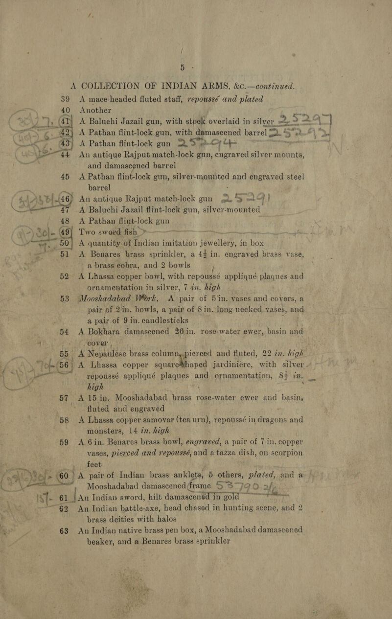 ~ Bes 39 40 Yoh 47) | 4 2) <7, 8} ‘Lo 4 4 45 LAL BI. 46) een 48 62 63 A mace-headed fluted staff, repoussé and plated Another pe ee A Baluchi Jazail gun, with stock overlaid in wr we _ a A Pathan flint-lock gun, with damascened barrel =o) 5 A Pathan flint-lock gun 3 SU pont Se An antique Rajput match-lock gun, hess silver mounts, and damascened barrel A Pathan flint- lock gun, silver-mounted and engraved steel barrel An antique Rajput mateh-lock gun 22. 5 “ff : A Baluchi Jazail flint-lock gun, silver- dune. A Pathan flint-lock gun Two sword fish , A quantity of Indian imitation ideellart. 3 in box A Benares brass sprinkler, a 44 in. engraved brass vase, a brass cobra, and 2 bowls A Lhassa copper bowl, with repoussé appliqué plaques and ornamentation in silver, 7 4x. high Mooshadabad Work, A pair of 5 in. vases and covers, a pair of 2in. bowls, a pair of Sin. long-necked vases, and a pair of 9 in. candlesticks ei A Bokhara damascened 26in. rose-water ewer, basin and cover , ) repoussé appliqué plaques and ornamentation, 84 én. high ¥ ’ A 15 in. Mooshadabad brass rose-water ewer and basin, fluted and engraved A Lhassa copper samovar (tea urn), repoussé in dragons and monsters, 14 in. high A Gin. Benares brass bowl, engraved, a pair of 7 in. copper vases, pierced and repoussé, and a tazza dish, on scorpion feet | da pair of Indian brass anklets, 5 bere lated: and a Mooshadabad damascened(frame 37 72-0. 2h, ors emese oem z ; Z , ay nena Reaeoribes a a An Jndian battle-axe, head chased in hunting scene, and 2 brass deities with halos An Indian native brass pen box, a Mooshadabad damascened beaker, and a Benares brass sprinkler 