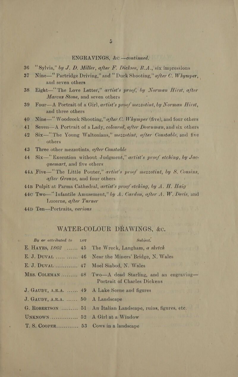 ©: ENGRAVINGS, &amp;c¢ —continued. 36 “Sylvia,” by J. D. Miller, after F. Dicksee, RA., six impressions 37 Nine—* Partridge Driving,” and “ Duck Shooting,” a/ter C. Whymper, and seven others 38 Eight—‘*The Love Letter,” artist’s proof, by Norman Hirst, after Marcus Stone, and seven others ; 39 Four—A Portrait of a Girl, artist’s proof mezzotint, by Norman Hirst, and three others 40 . Nine—“ Woodcock Shooting,” after C. Whymper (five), and four others 4] Seven—A Portrait of a Lady, coloured, after Downman, and six others . ¢ . . > > 42 Six—‘“The Young Waltonians,” mezzotint, a/ter Constable, and five others 43 Three other mezzotints, after Constable 44 Six—“ Execution without Judgment,” artist’s proof etching, by Jac- quemart, and five others 444 Five— The Little Pouter,” artist's proof mezzotint, by S. Cousins, after Grewze, and four others 448 Pulpit at Parma Cathedral, artist’s proof etching, by A. H. Haig 440 Two— Infantile Amusement,” by A. Cardon, after A. W. Devis, and Lucerne, after Turner 44p Ten—Portraits, various WATER-COLOUR DRAWINGS, &amp;c. By or attributed to LOT Subject. EPTLAYEA, A862°. ... 45 The Wreck, Langham, a sketch Rav eDUvVAnSs.;. Aen 46 Near the Miners’ Bridge, N. Wales Hrd Duval iin. 47 Moel Siabod, N. Wales Mrs. CoLEMAN......... 48 ‘Two—A dead Starling, and an engraving— Portrait of Charles Dickens J. GAUDY, A.R.A. ...... 49 A Lake Scene and figures J. GAUDY, A.R.A. ...... 50 A Landscape G. ROBERTSON ......... 51 An Italian Landscape, ruins, figures, ete. MENOWN: 2 a5 3.55. -s 52 A Girl at a Window ERS a COOPERS 6 fic... 53 Cows in a landscape