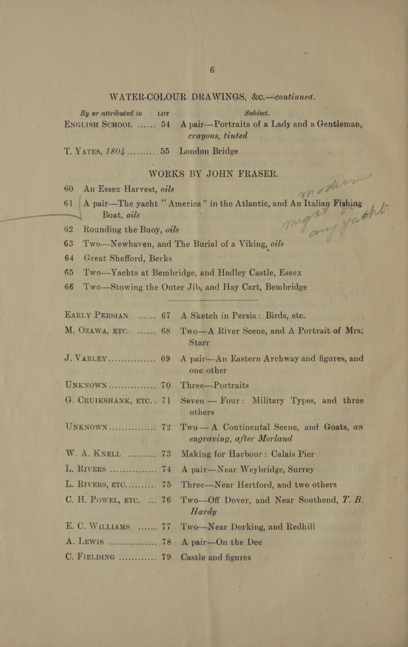 LOT Subject. 55 crayons, tinted London Bridge r, aeeé Z é ee ee ee eee een ewe ene eee eee rae nes  — A Sketch in Persia: Birds, ete. Two—A River Scene, and A Portrait of Mrs; Starr A pair—An Eastern Archway and figures, and one other Three—Portraits Seven — Four: Military Types, and three others A Continental Scene, and Goats, an engraving, after Morland Making for Harbour: Calais Pier Two  A pair—Near Weybridge, Surrey Three—Near Hertford, and two others Two—Off Dover, and Near Southend, 7. B. Hardy ‘’wo—Near Dorking, and Redhill A pair—On the Dee Castle and figures